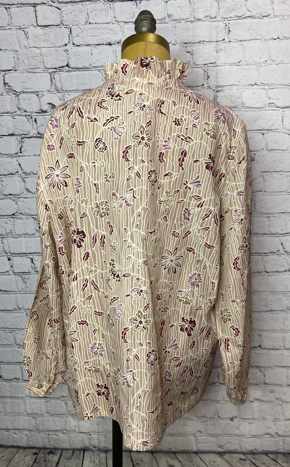 Vtg Cos Cob 60’s Ruffle Collar Button Floral Shirt Dressy Retro Poly 38