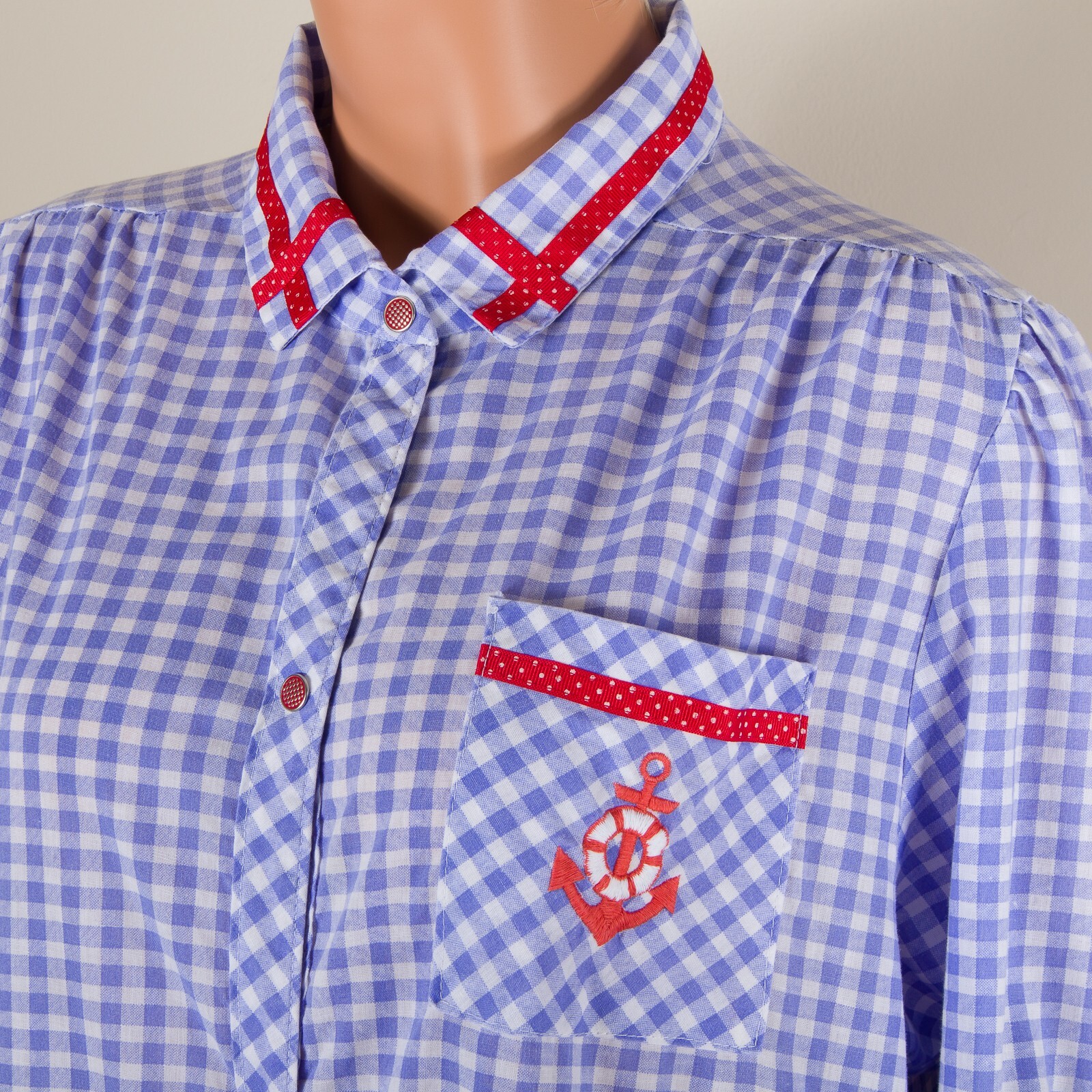 💖 SMART TIME Size M Blue Gingham Robe Housecoat MuMu Snap Pockets Red Trim