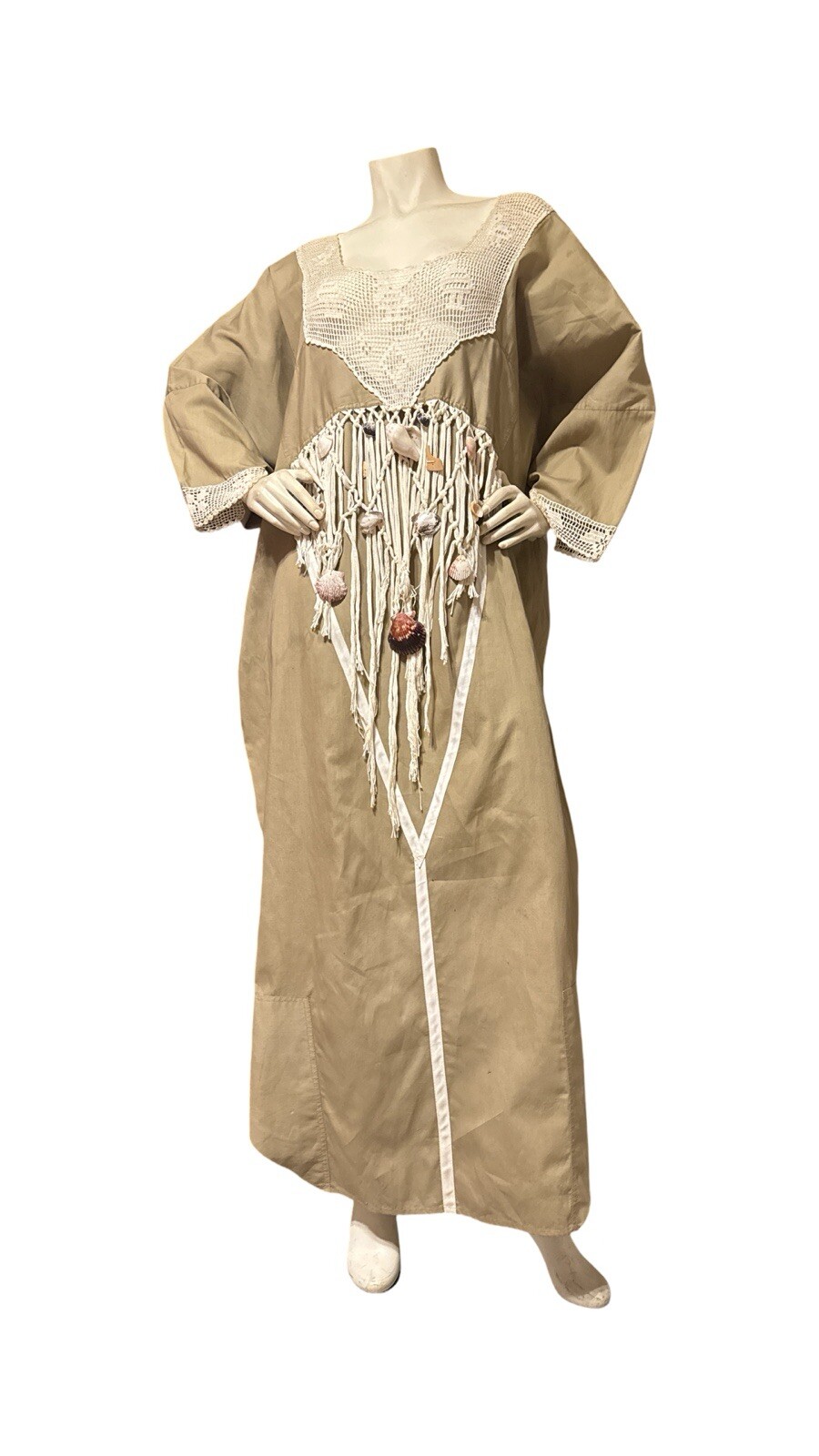 Vintage 80 Crochet Ribbon Dress Opus 1 Khaki Cotton Poplin Macrame & Sea Shells