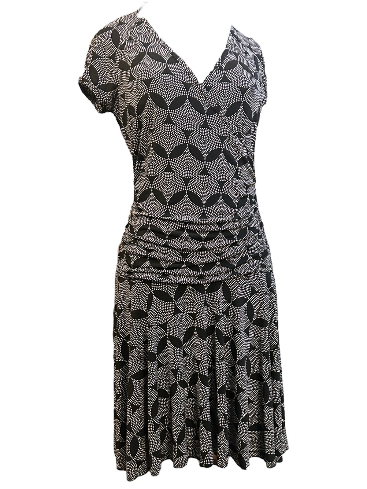 BCX V-Neck Cap Sleeve Ruching Bl/Wh Geo Print Short Faux Wrap Dress Women L VTG
