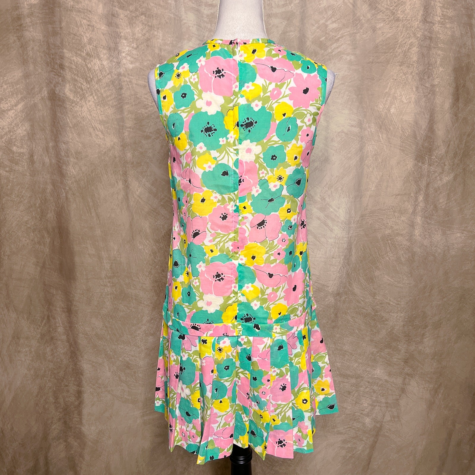 Vintage 60s Vicky Vaughn Junior Multicolor Floral Pleated Drop Waist Midi Dress