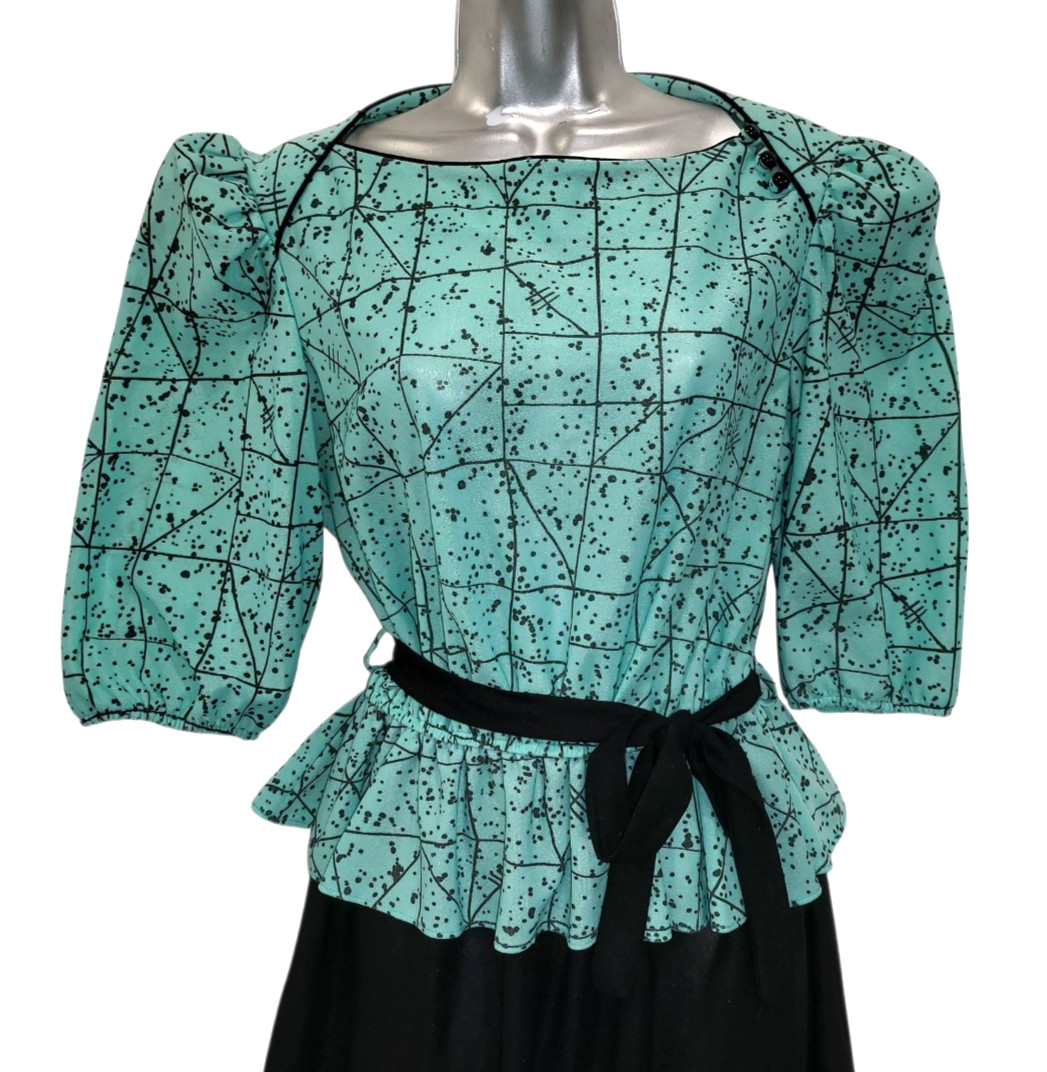 Vtg 80s KR of NY Awesome MINT GREEN BLACK GEO Print Top Black Skirt BOW Dress 16