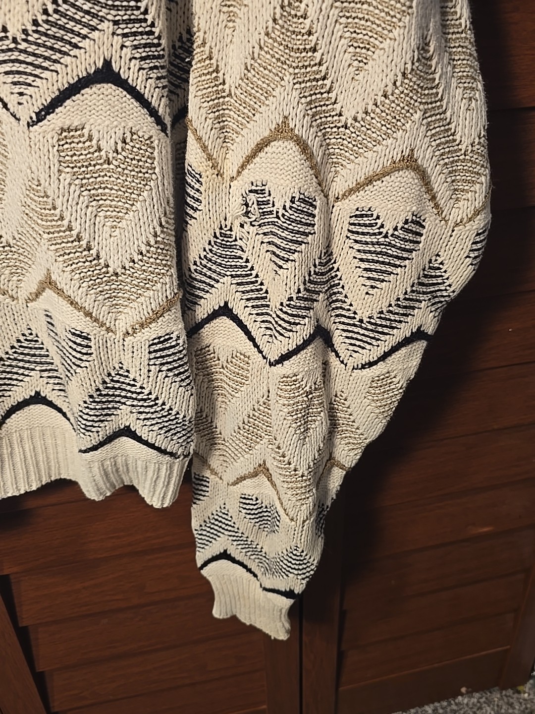 Vintage 80s Heart Knit Sweater Size XL Cream Gold & Black Distressed Pullover