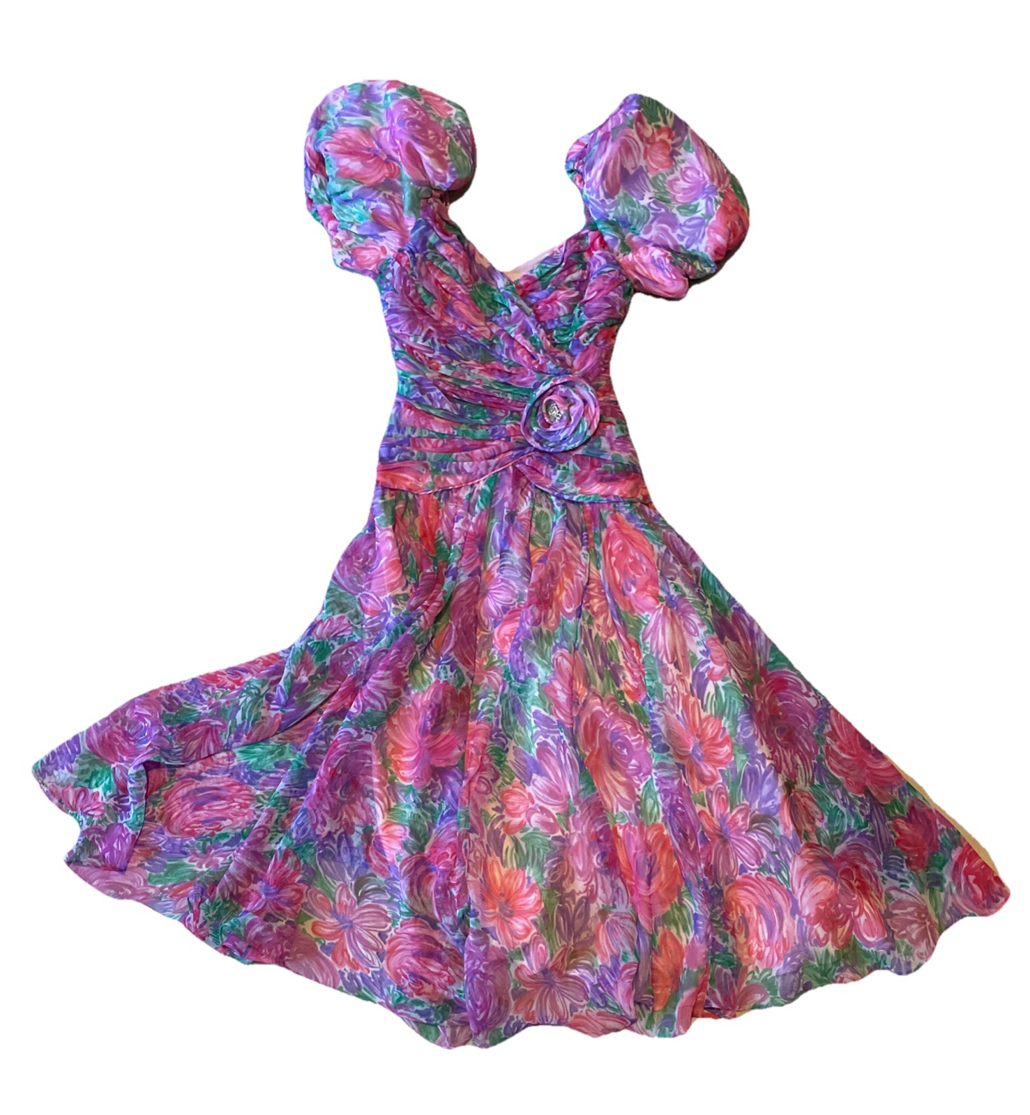 Leslie Fay Vtg 1980’s Evenings 6 Floral Ruched Dress Shoulder Puff Spring Pink