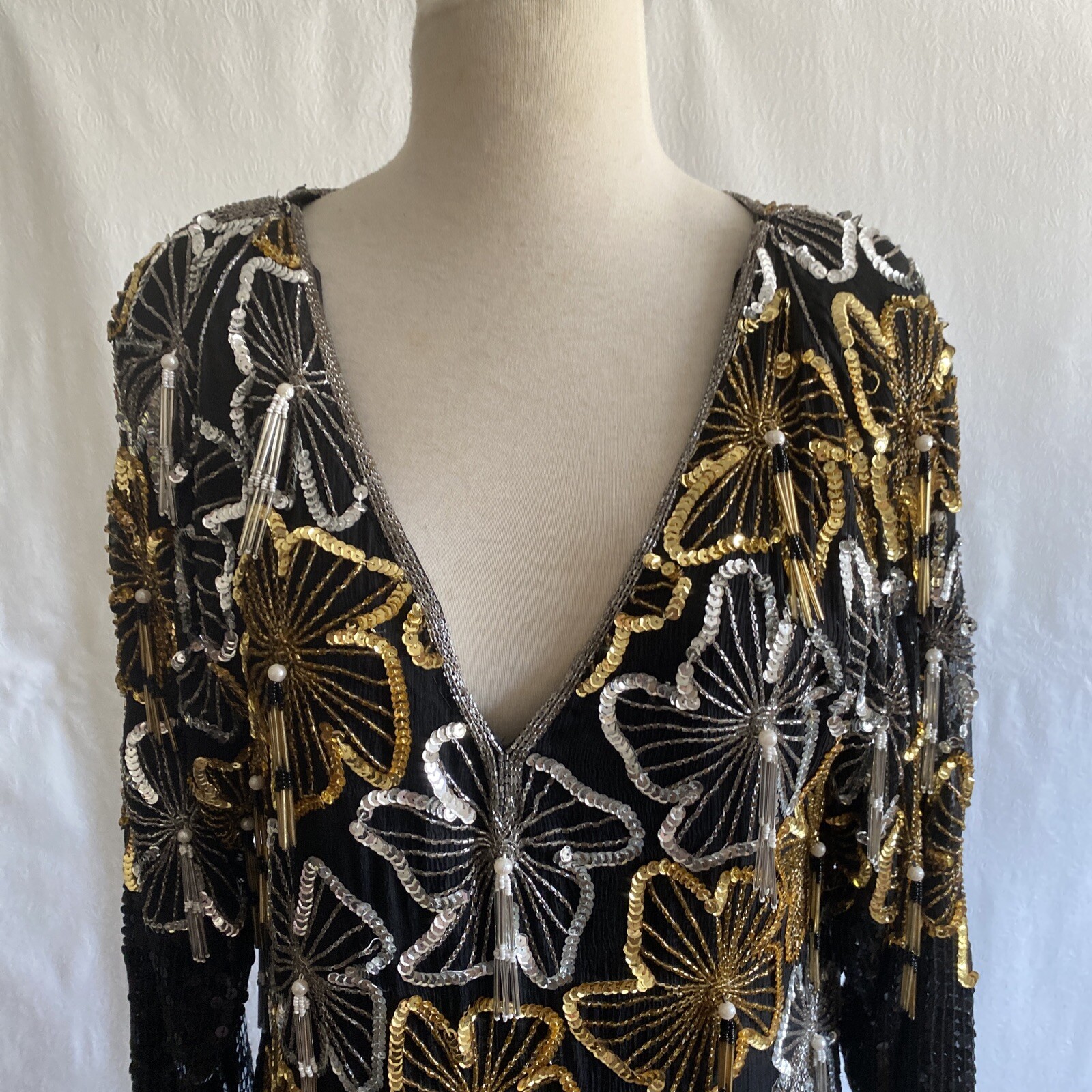 Vintage Jean for Joseph Le Bon Black Silk Sequin Dress Gold Silver 1980’s Size S
