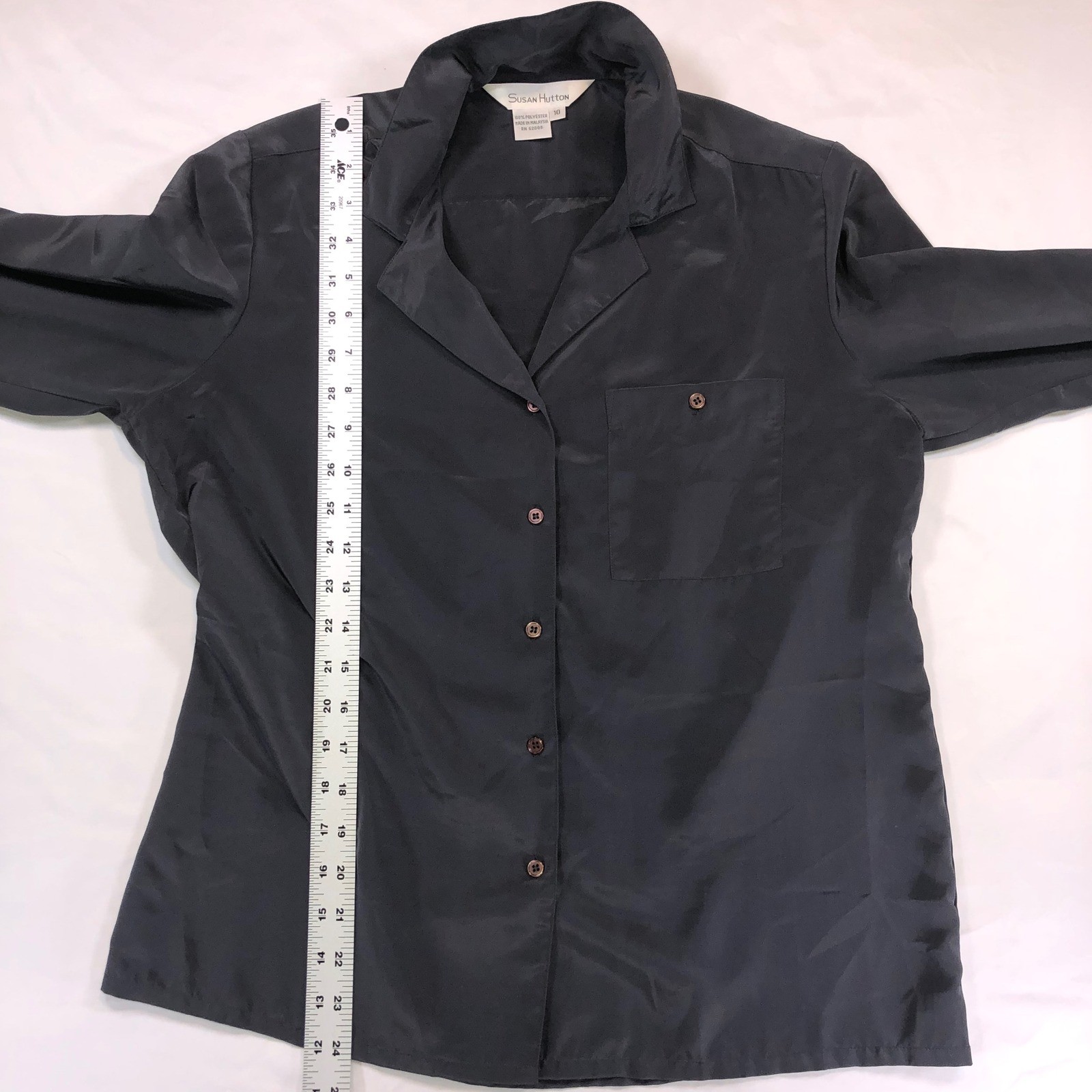 Vintage Susan Hutton Charcoal Gray Button Down Blouse Long Sleeve Pocket Size 10