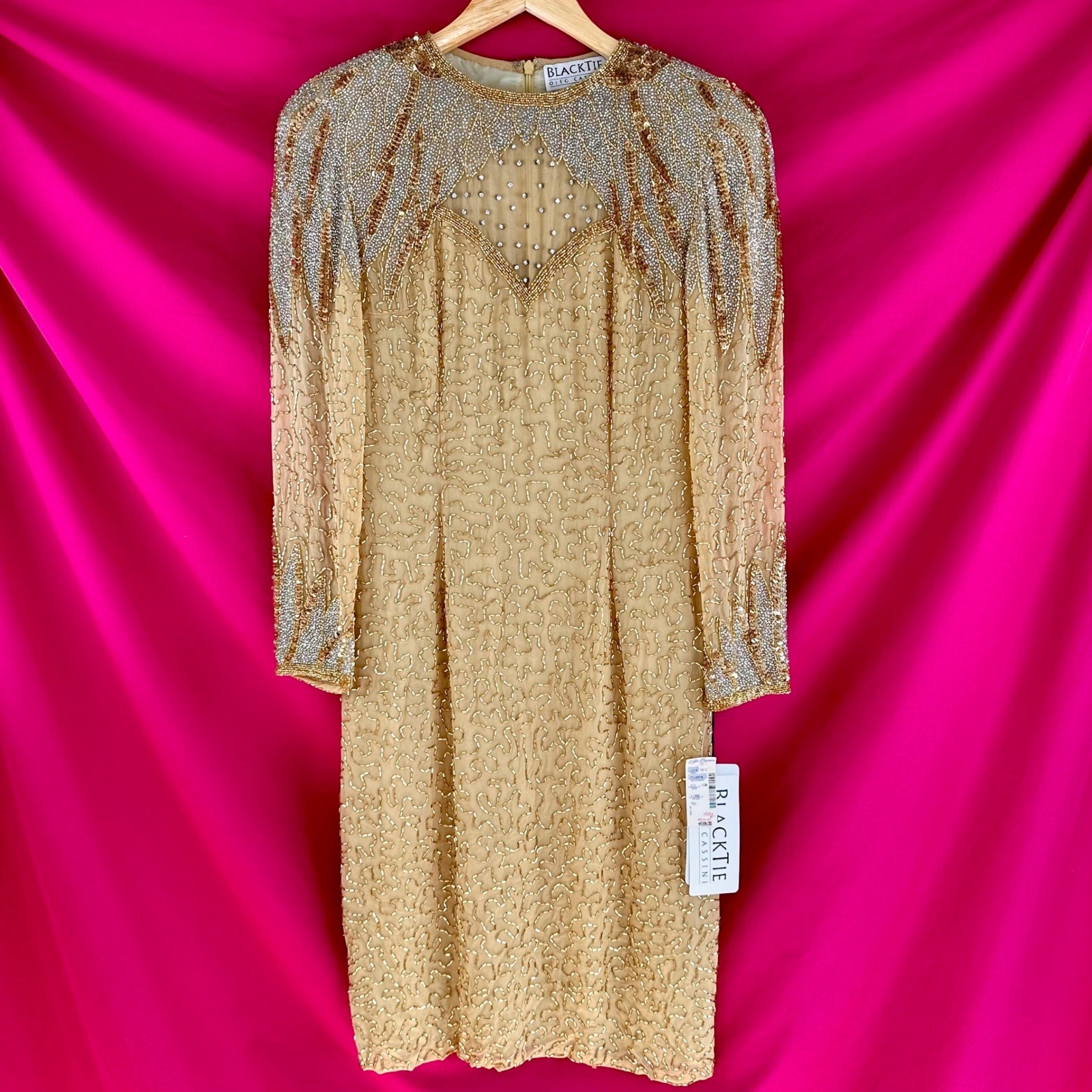 NWT Beaded Sequin Rhinestone Silk Gold Party Midi Dress Oleg Cassini Size 6 NYE