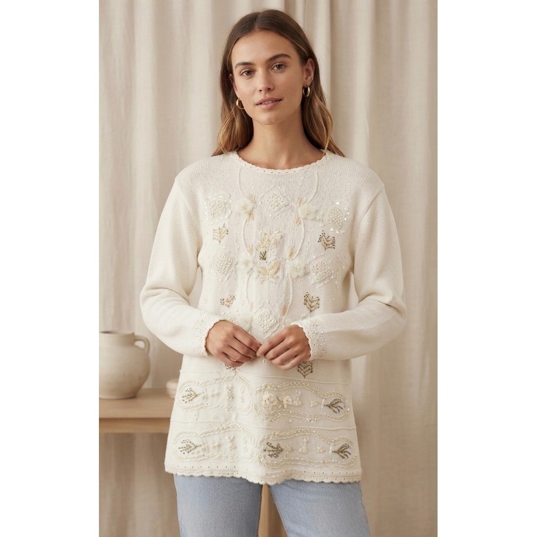Heirloom Collectible Sweater Womens Medium White Beaded Floral 3D Knit Vintage