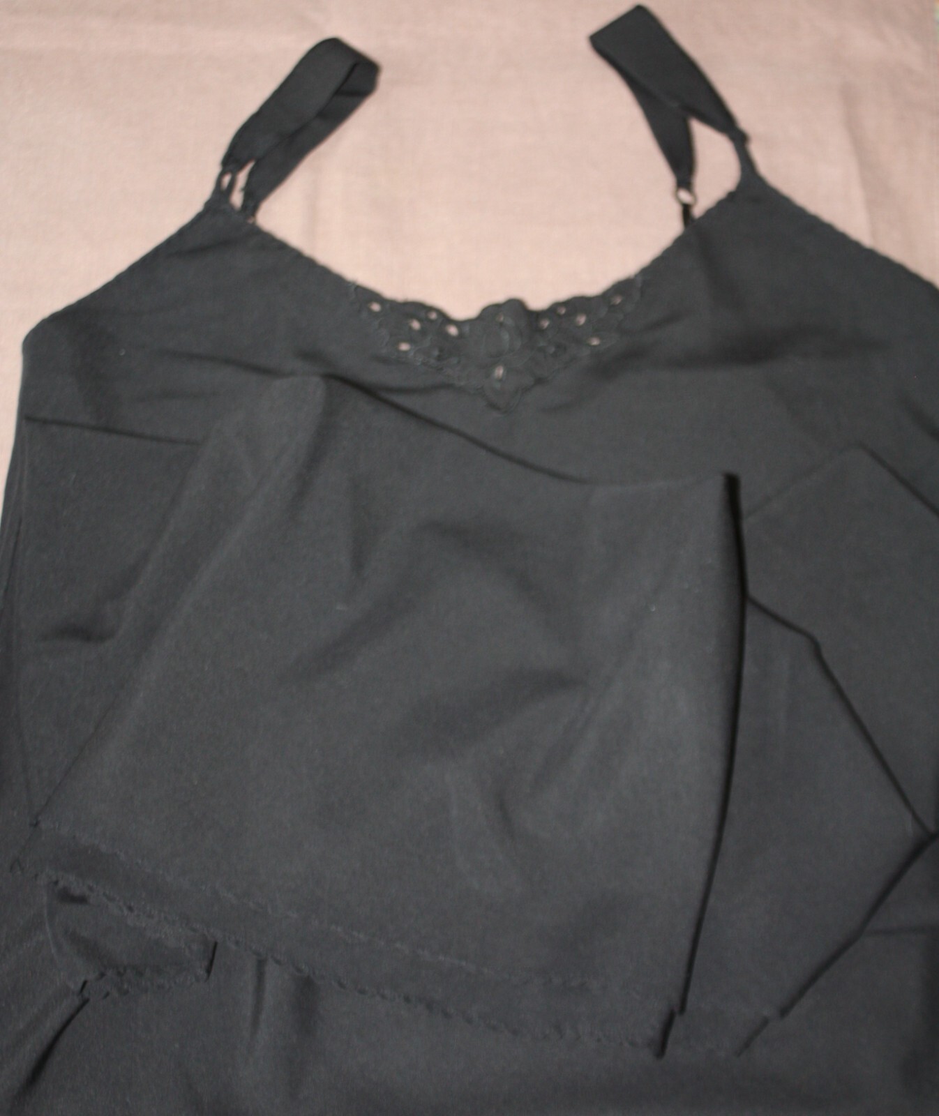 Elegant Vintage Embroidered Black Nylon Dress Slip Nightgown Lingerie Size 36