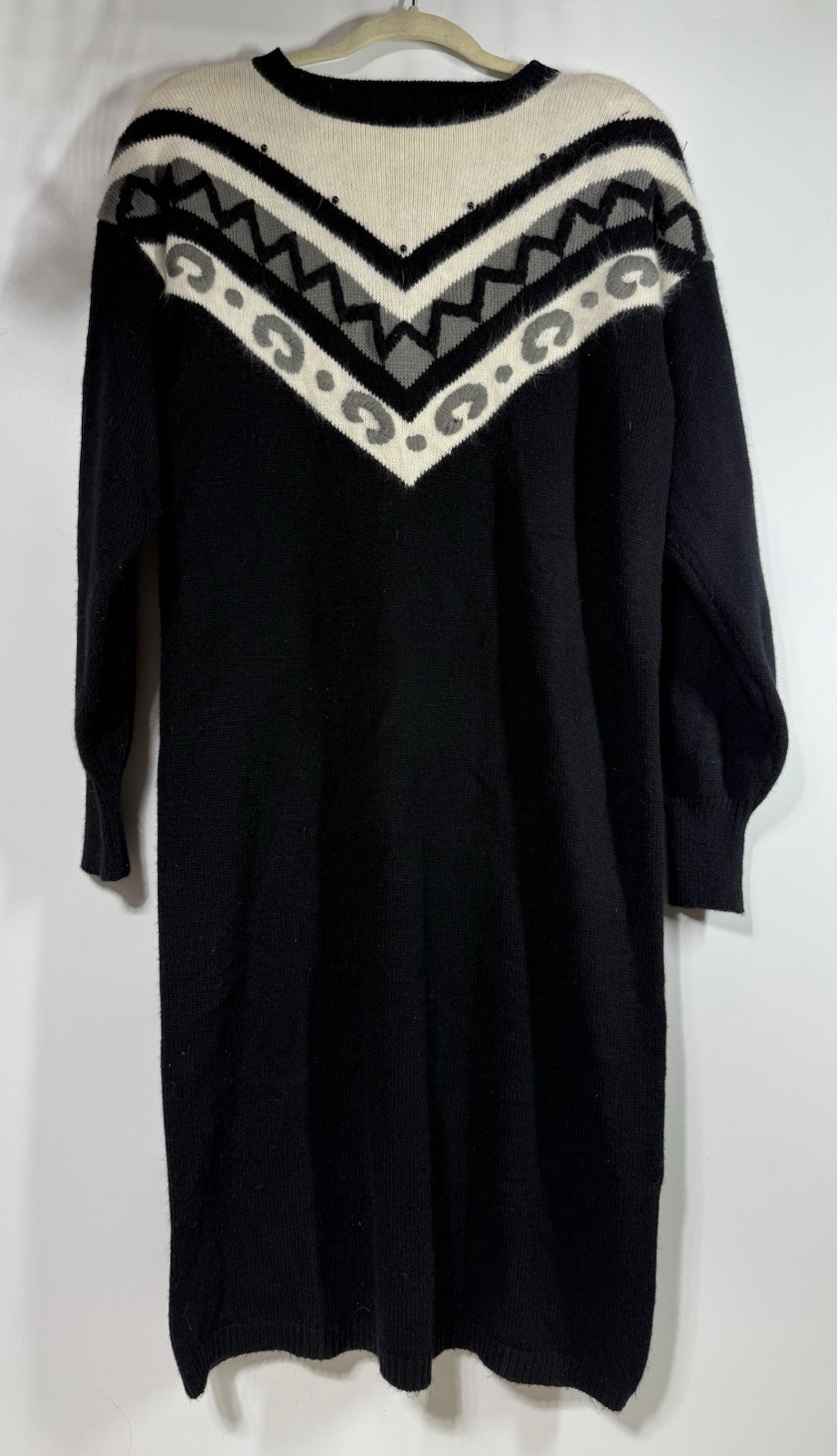 Vintage 80s Yarnworks Geometric Sweater Dress Black Cream Shoulder Pads L Career