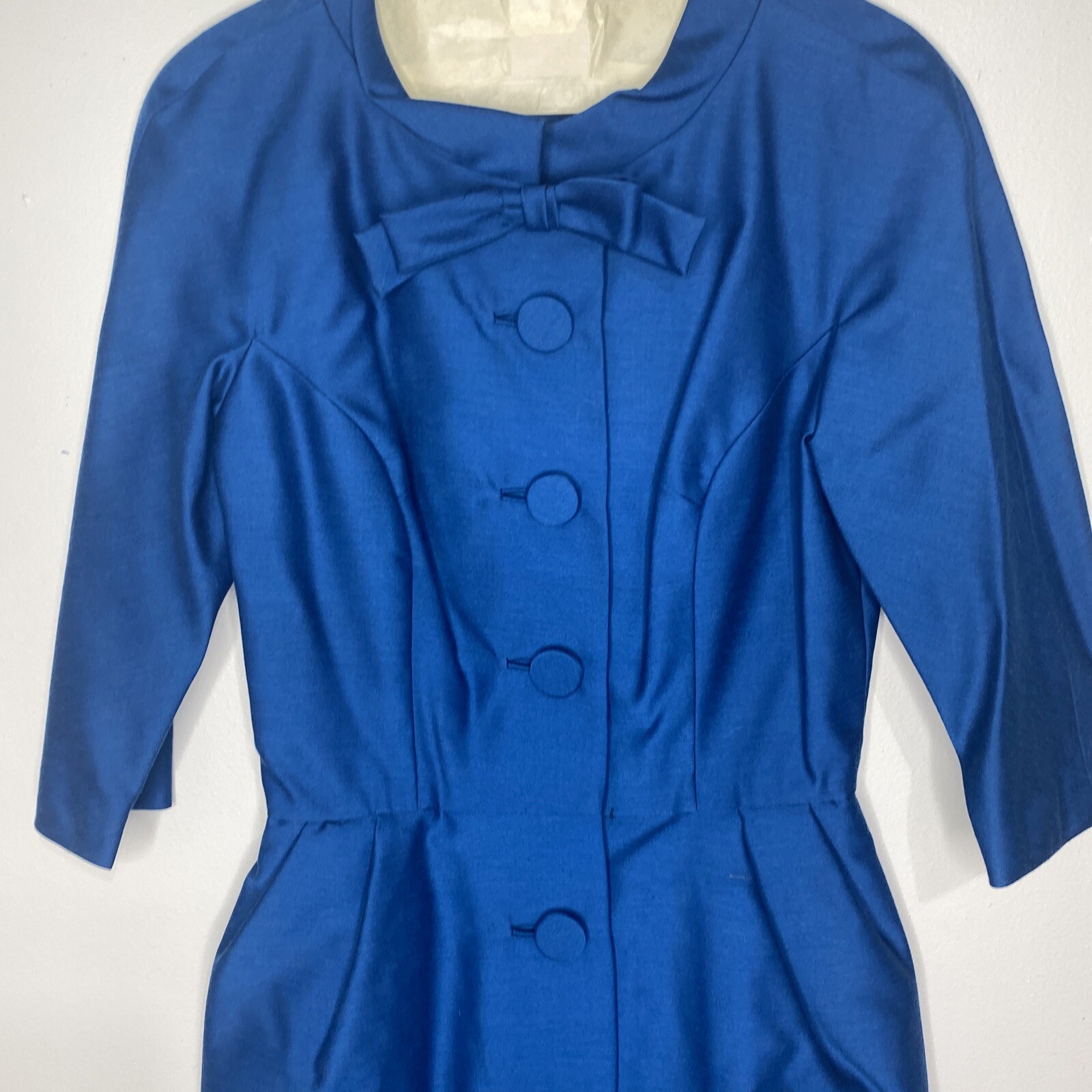 Vintage 1950’s Dress Sz 10 Crinoline Skirt Button Front Bow Teal Blue Midi