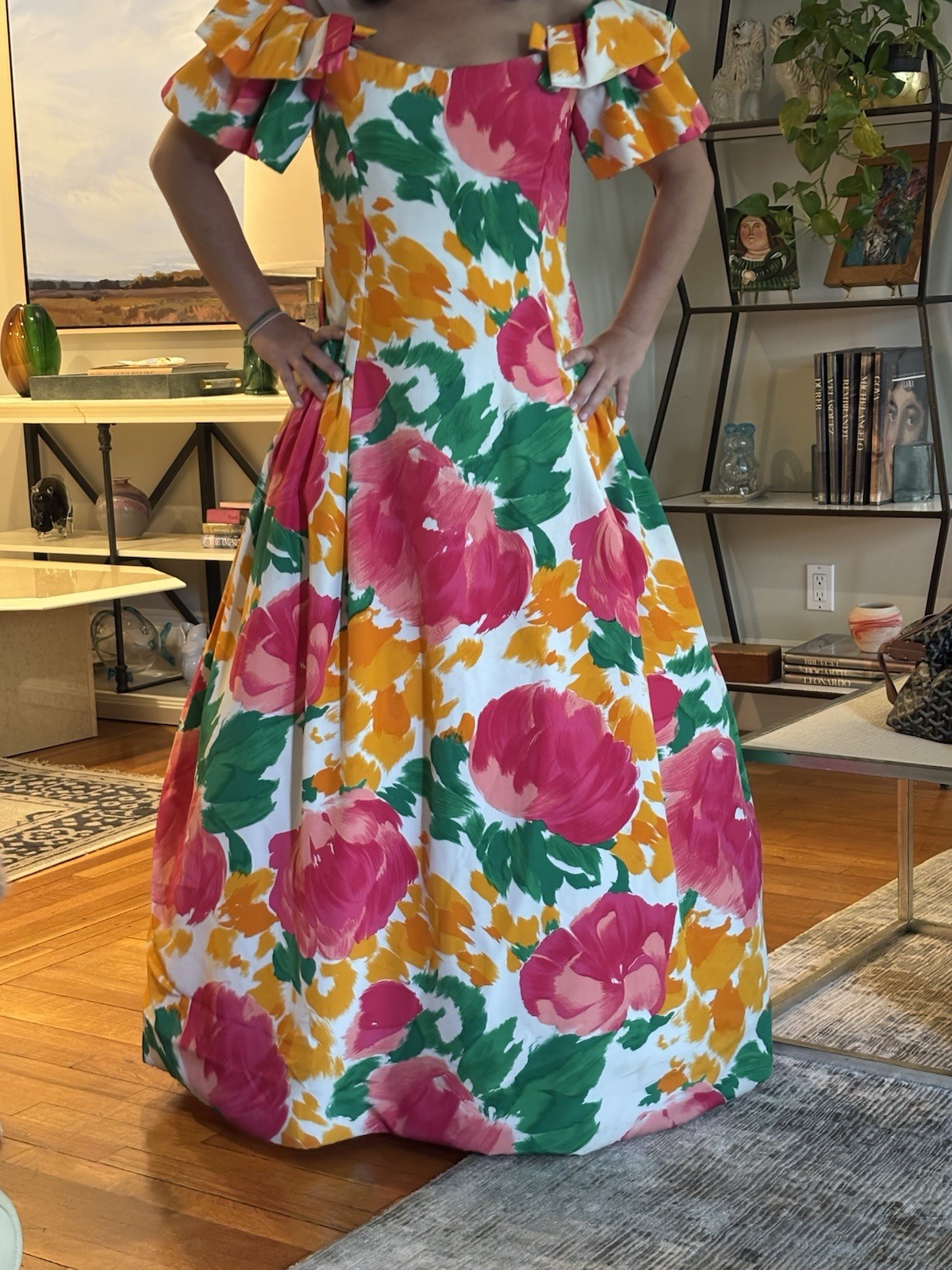 Arnold Scaasi 1980s Floral Silk Evening Gown Size 8. SHOWSTOPPER
