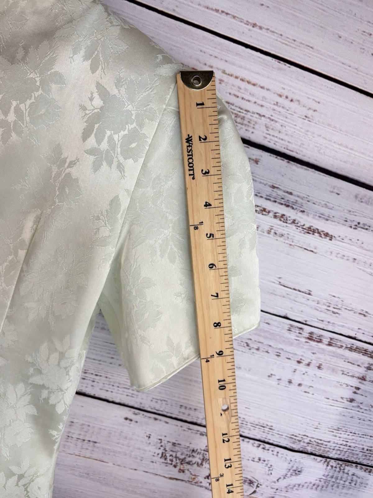 Vintage 80s Formal Top S/M Beaded Damask Ivory Strong Shoulders Fitted Glamour