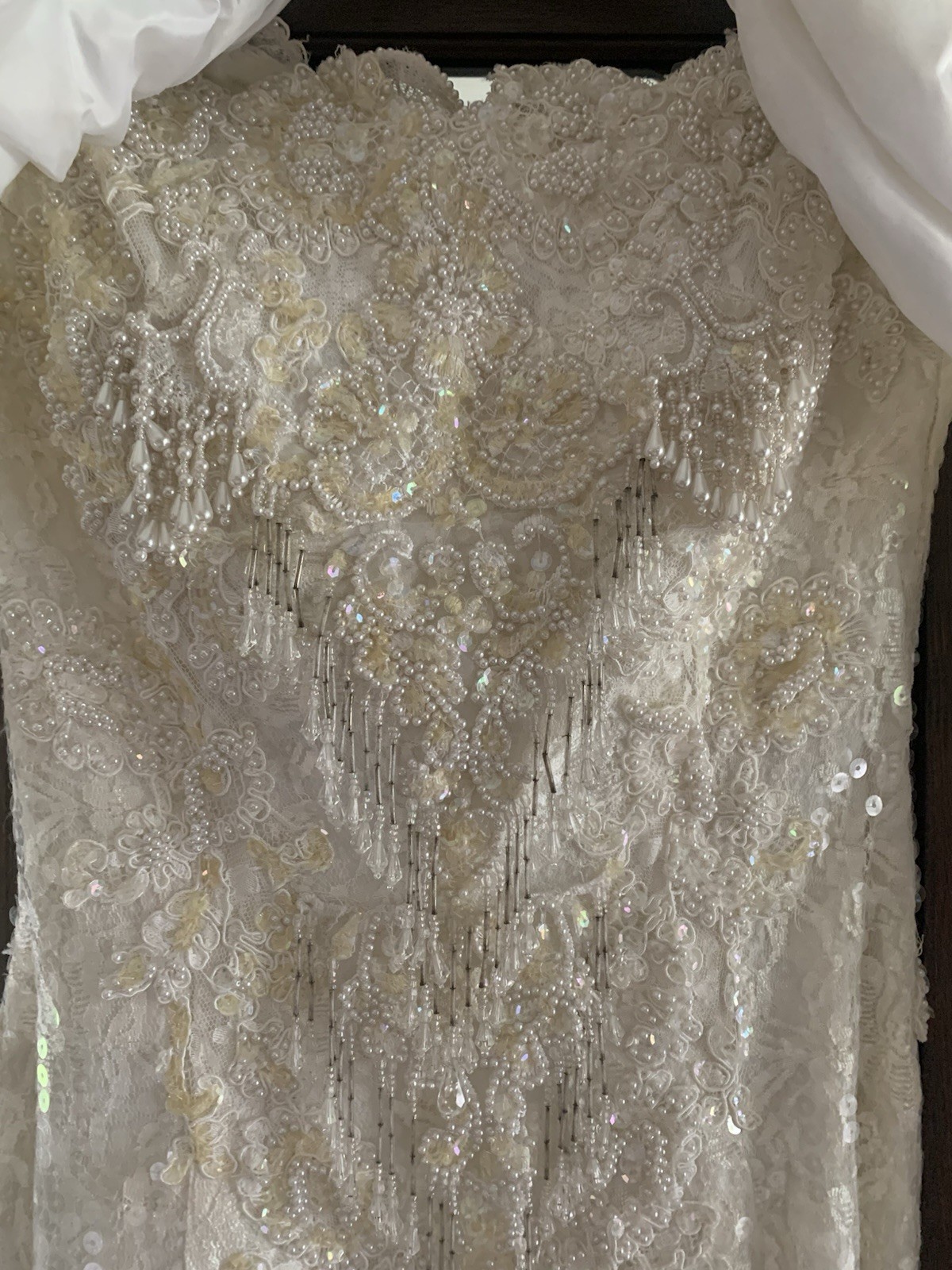 Vintage 80’s-90’s Sequin Beaded Ivory Formal Dress Gown Bow Sleeves Wedding Prom