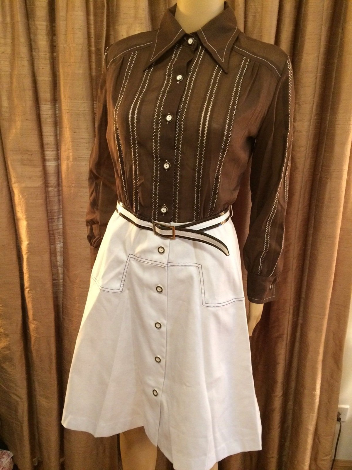 Kenny Classics 60s Sheer Brown Blouse w/Solid White Skirt Accent Stitching-Sz 8
