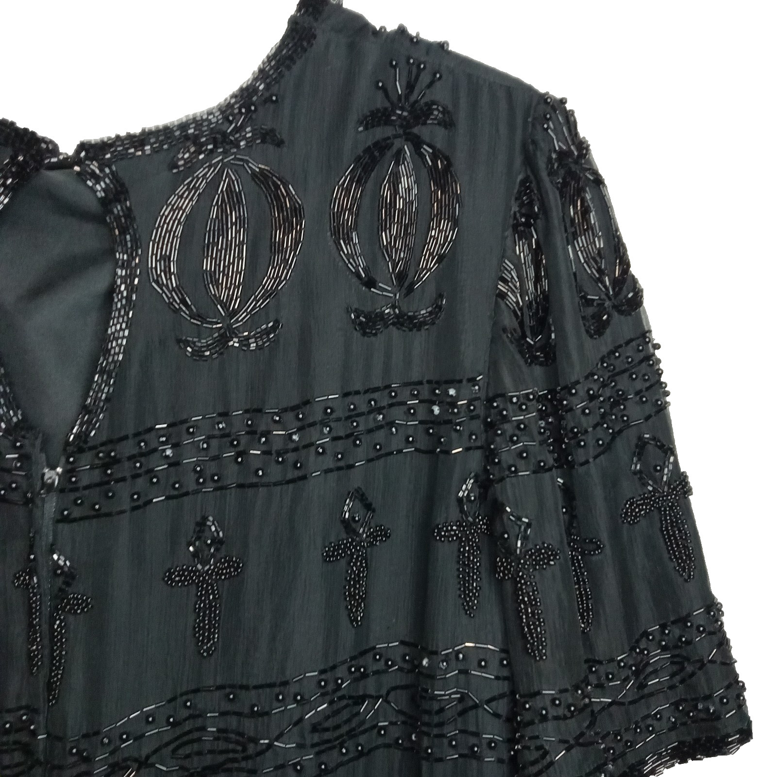 VTG Nite Waves Black Beaded Silk Dress Womens Sz M/L Cocktail Flapper Gatsby 80s