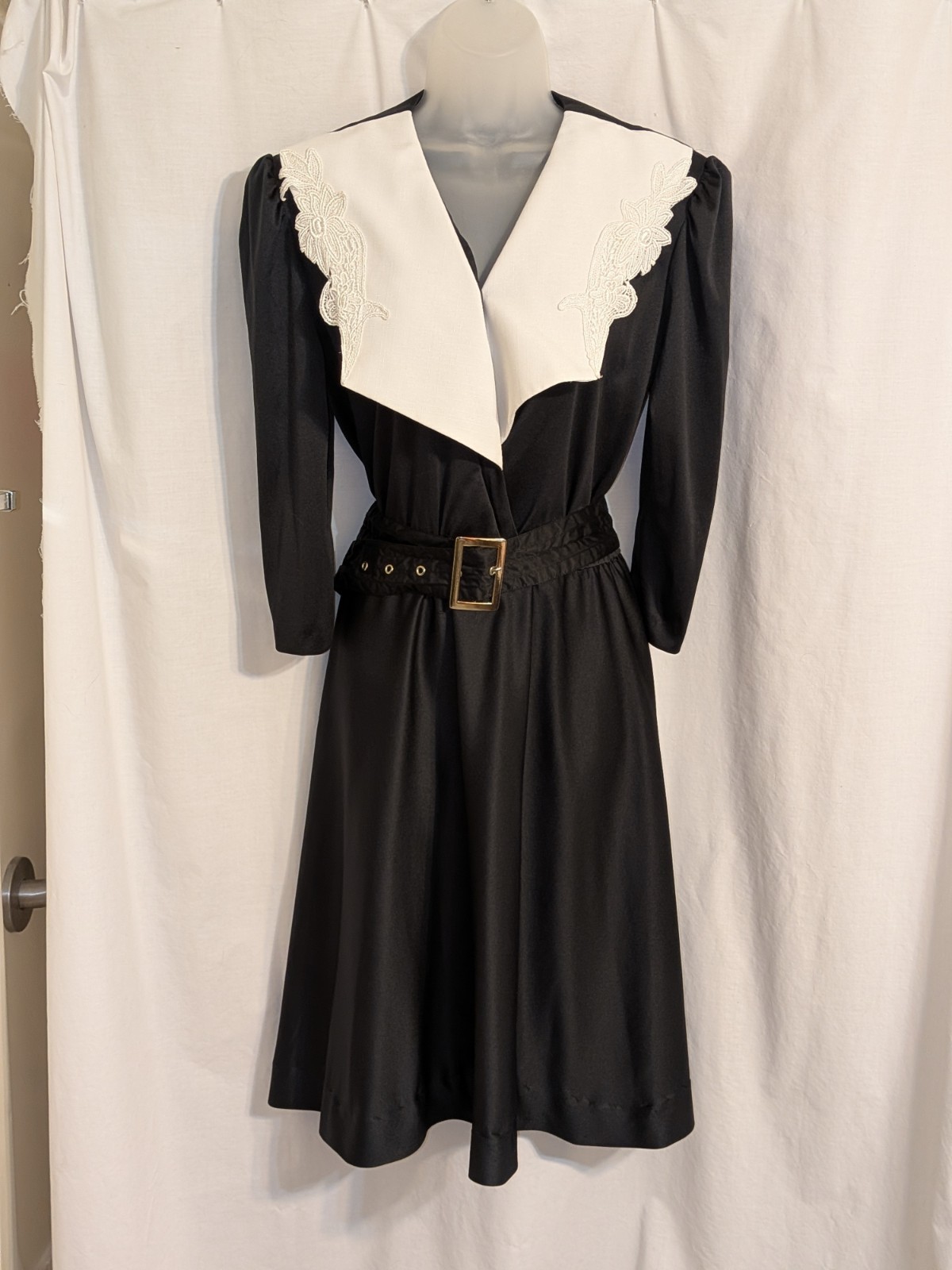 VTG 80s French Maid Style White Lace Baby Collar Wednesday Adams Dress 16P