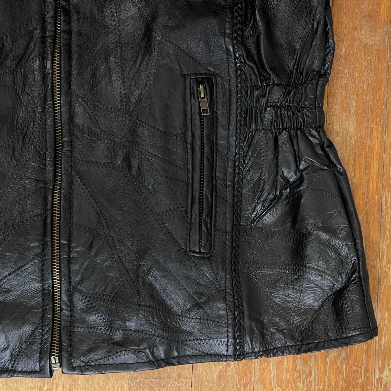 Vintage Patchwork Leather Jacket Size Medium 90s Black Motorcycle Biker Coat