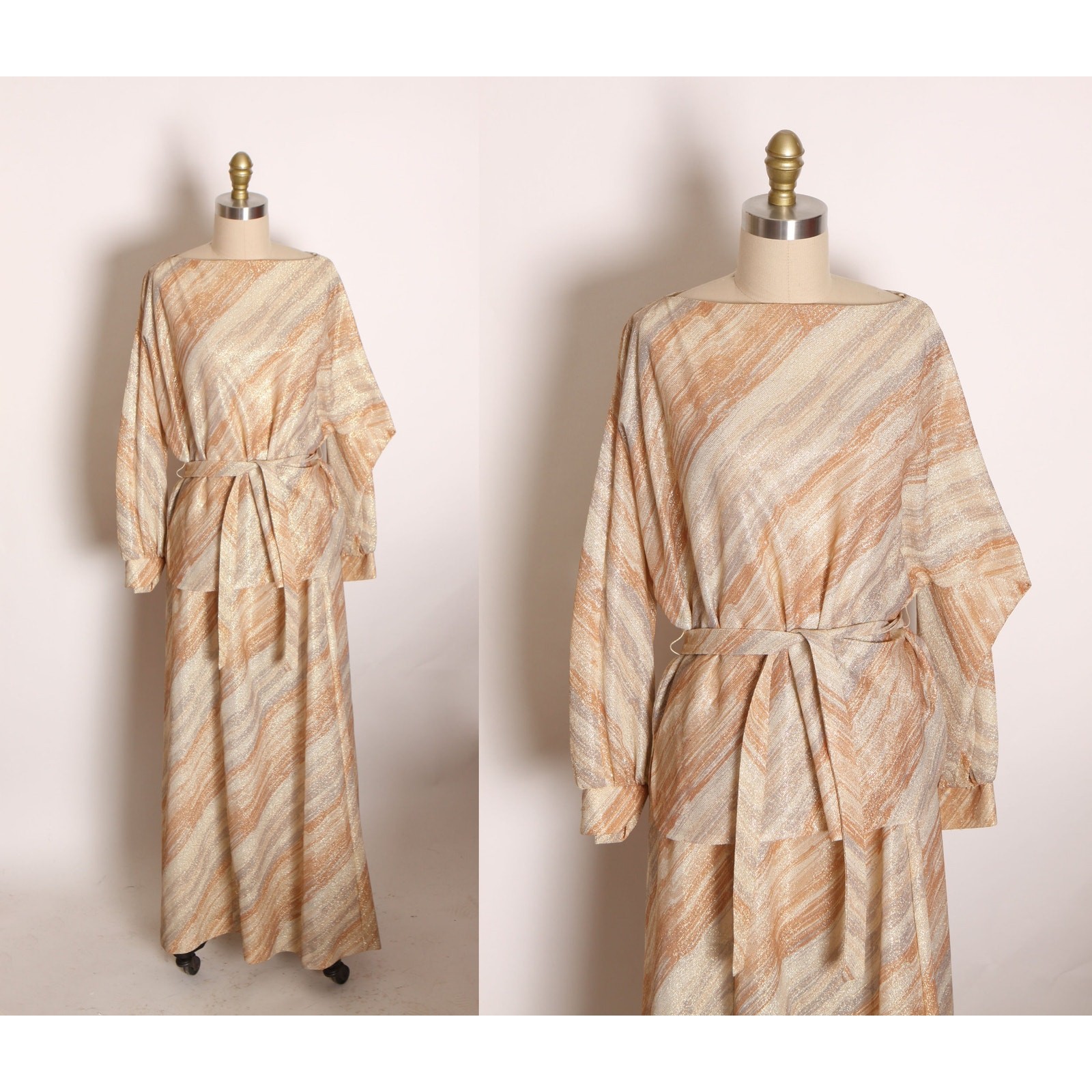 1970s Cream Bronze Gold Lurex Blouse with Matching Skirt by Flair of Miami
