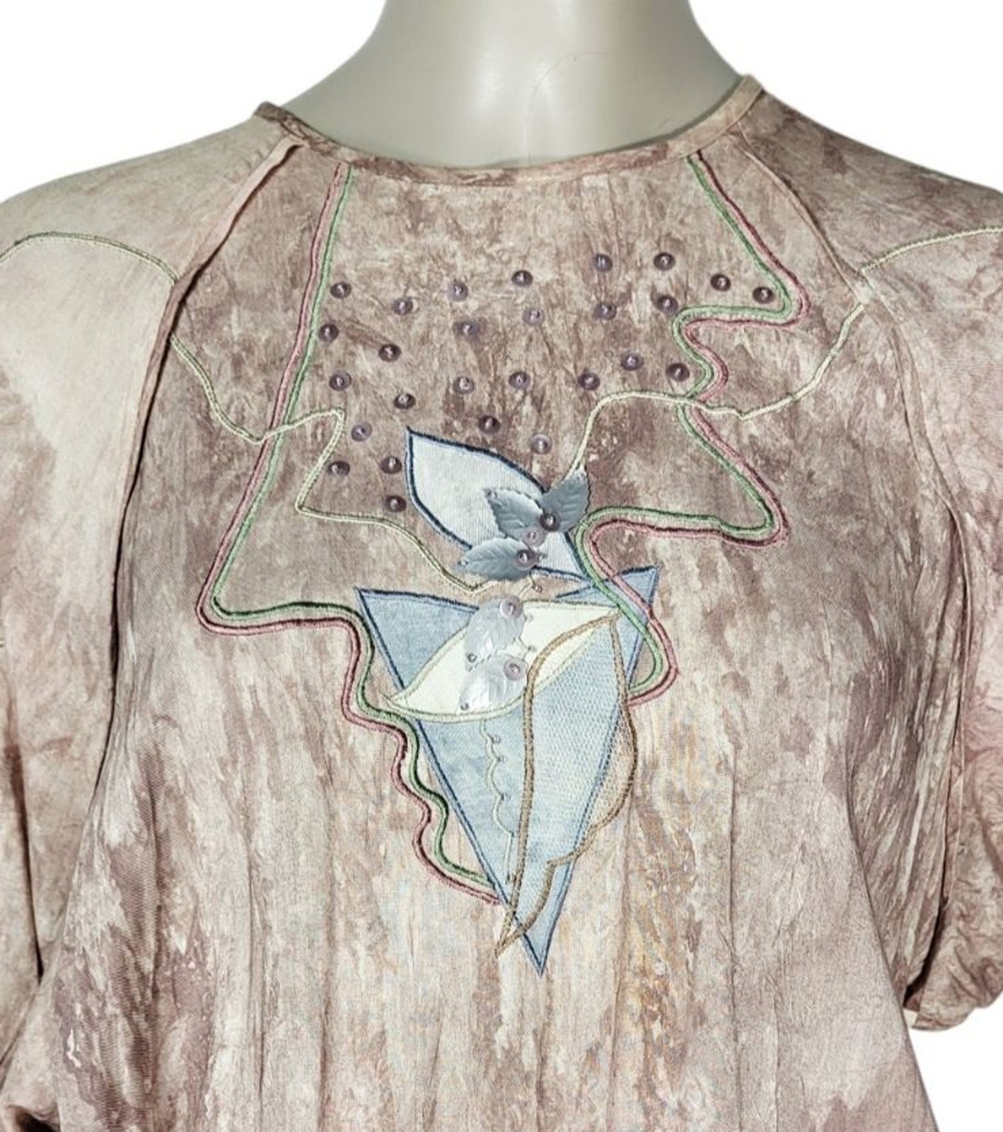 VTG 80s Marc D’Alcy Paris Hand Dyed Beaded Embroidered Floral Artsy Boho Dress