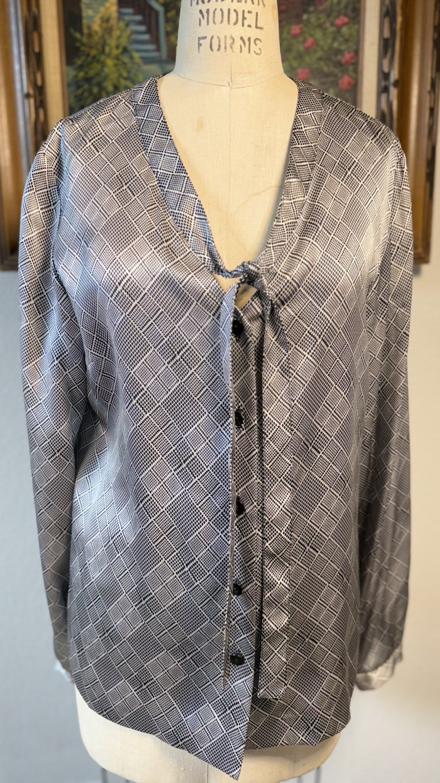 Saks Fifth Ave Folio Collection Silk Long-Sleeve Houndstooth Blouse Sz L