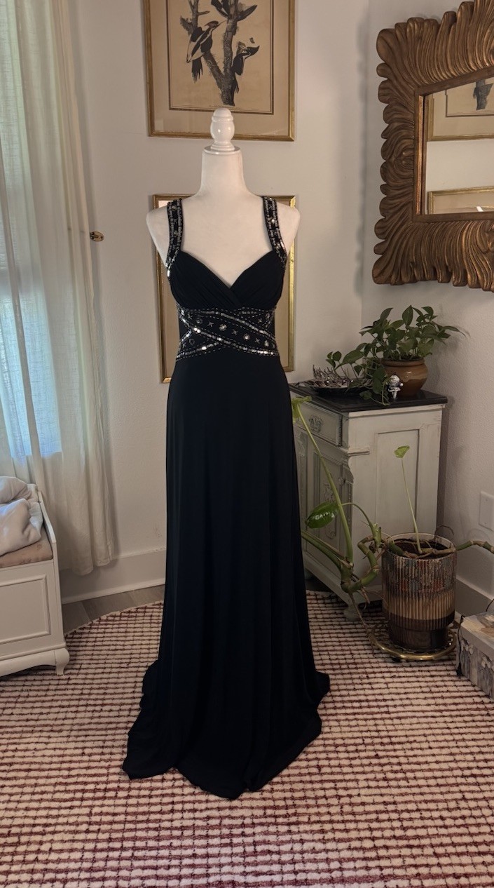 Stunning 90s Vintage Black and Silver Beaded Floor Length Gown