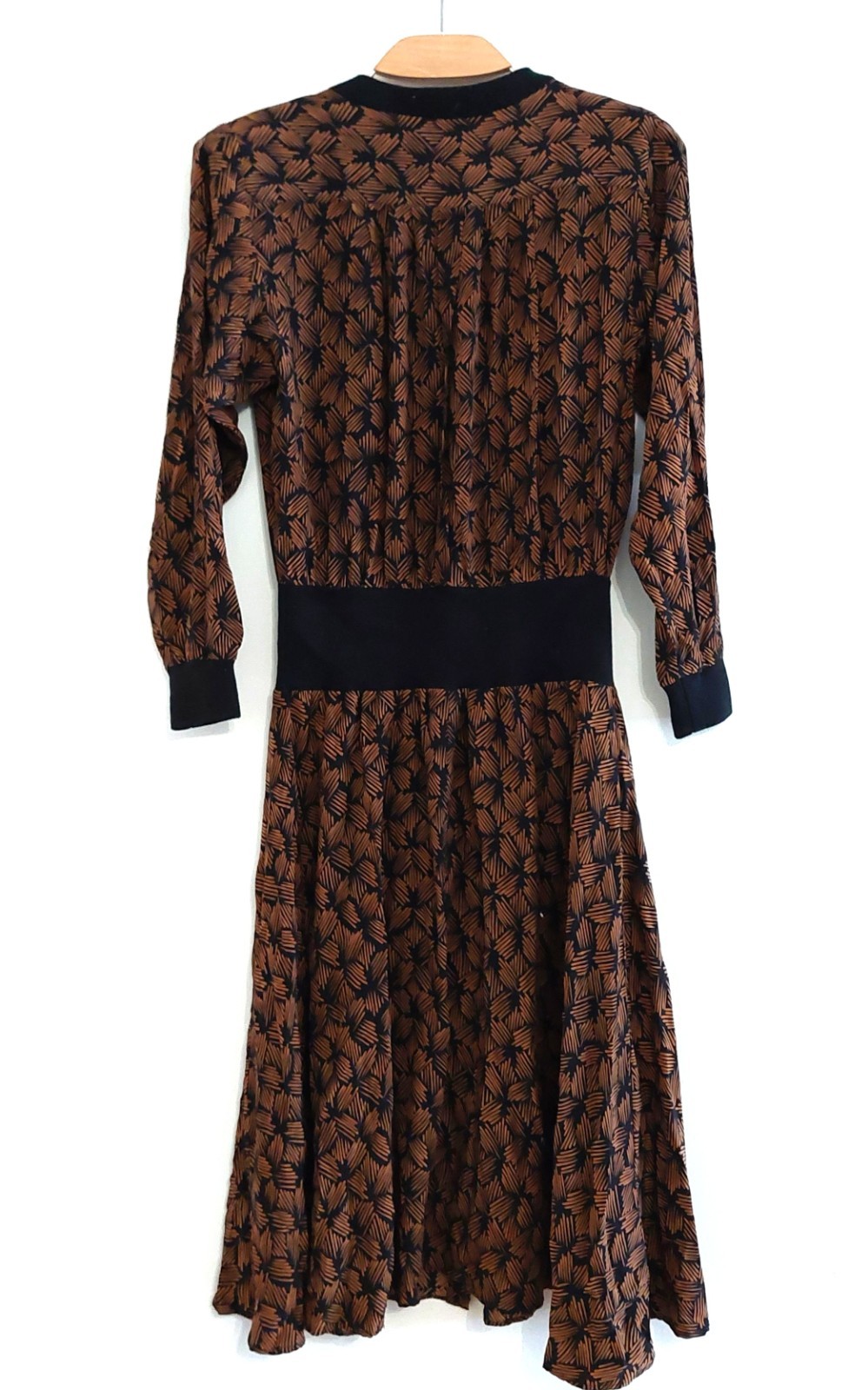 Vtg 80s Lauren Alexandra Midi Shirt Dress Sz 10 100% Silk Secretary Brown Black