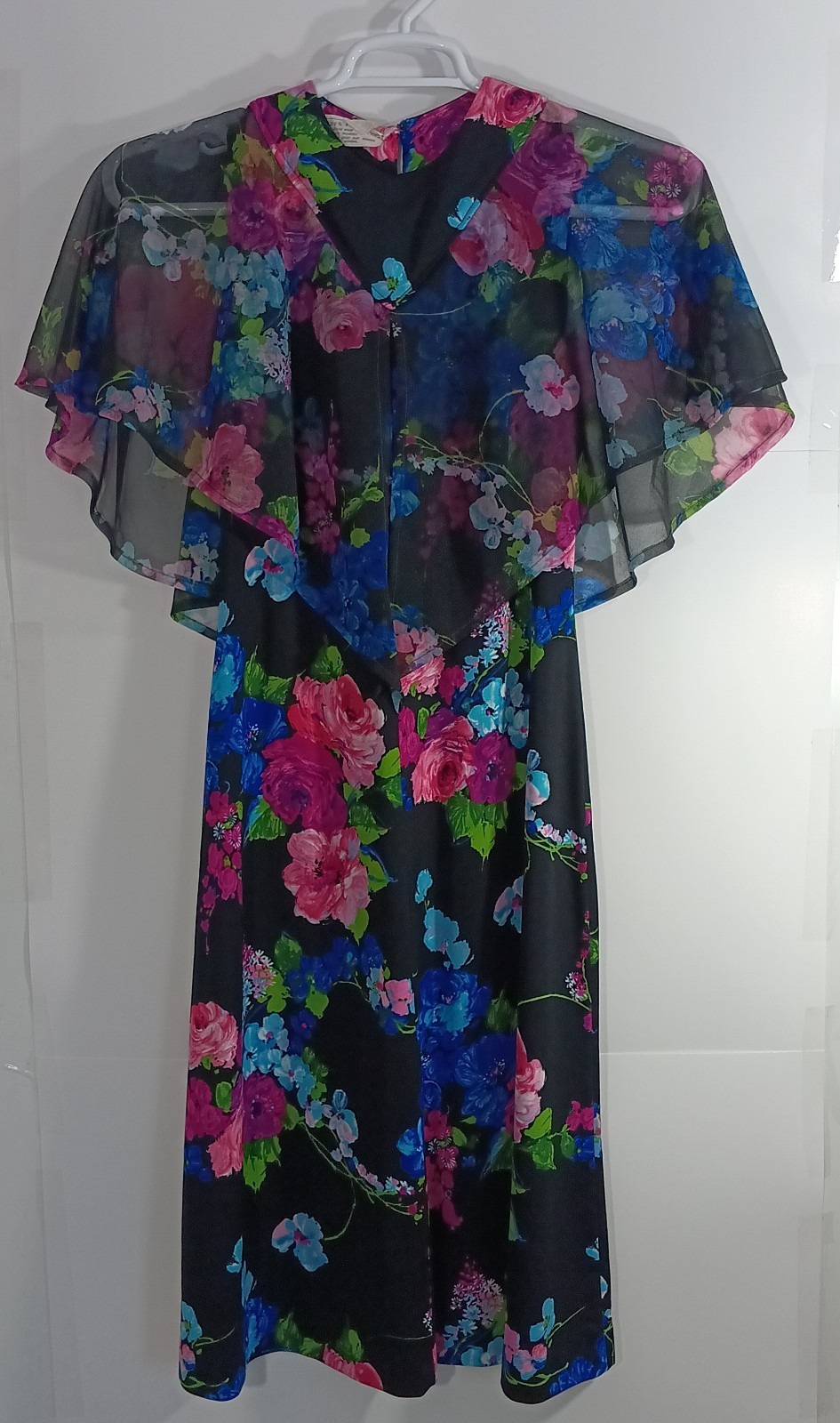 Vintage Floral Cape Sleeve Secretary Dress Black Pink Blue Chiffon Belted Sheer
