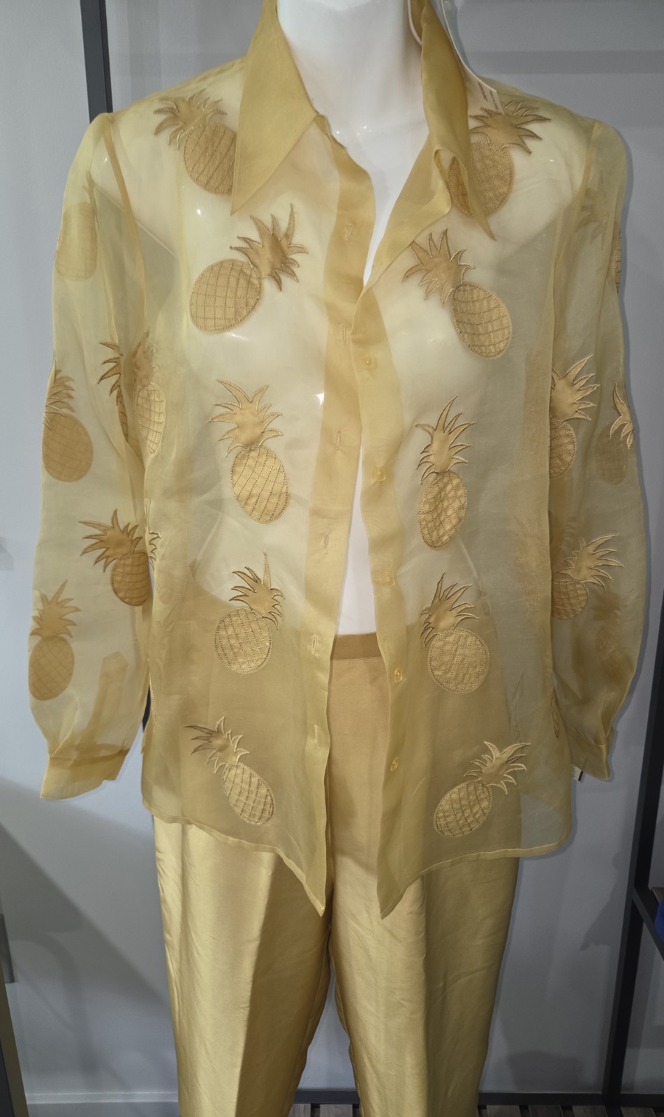 Vintage sz 8 Poetic Petite Gold Silk Outfit Sheer Pineapple Blouse Shell Pants