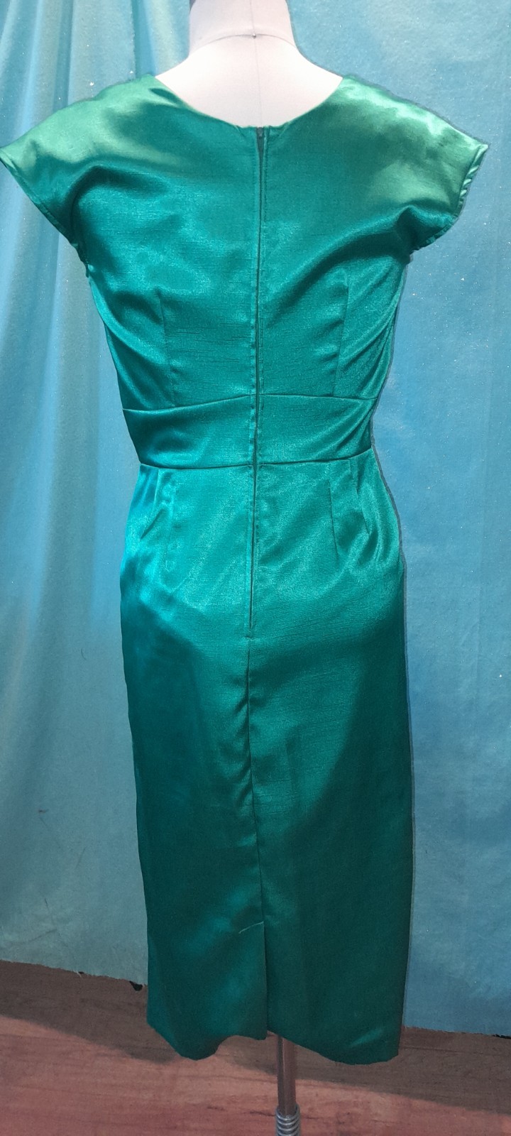 Vtg 40s 50s Style 90s Y2k Green STOP STARING Satin pin Up Wiggle Marilyn Dress L