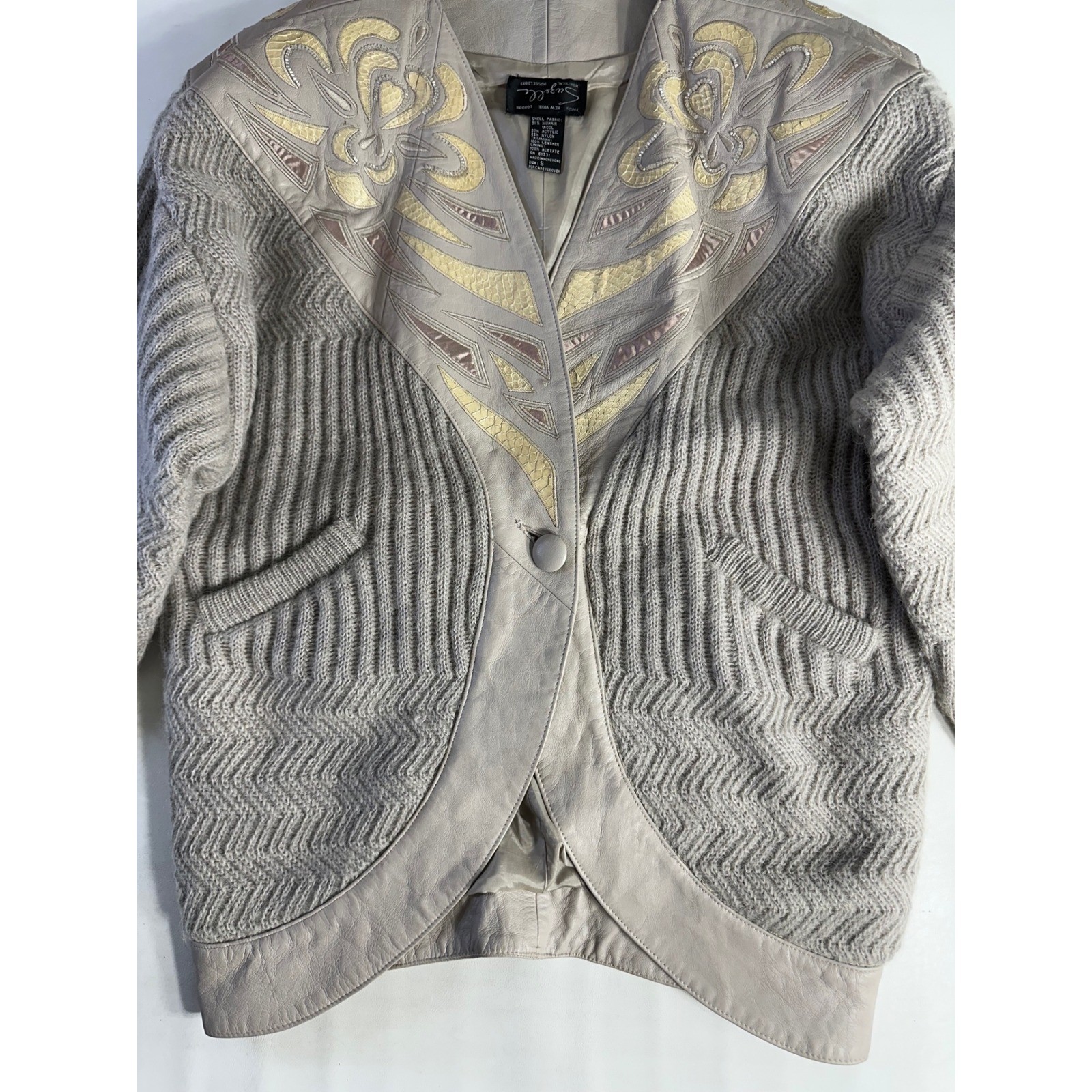 Suzelle Sz Sm Vintage 80s Mohair Wool Snake Leather Cardigan Jacket Gray Sweater