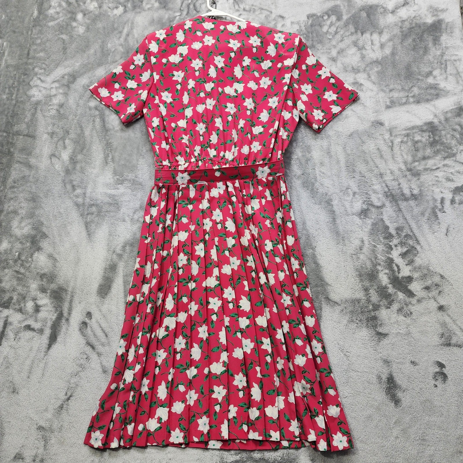 Vintage Leslie Fay Dress Womens 12P PETITE Pink White Floral Pleated Belted Midi