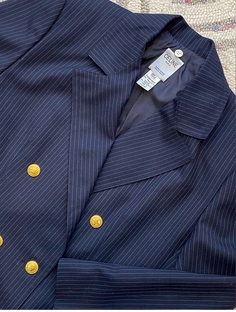 Vintage Celine Wool Pinstripe Double Breasted Coat Dress Removable Collar