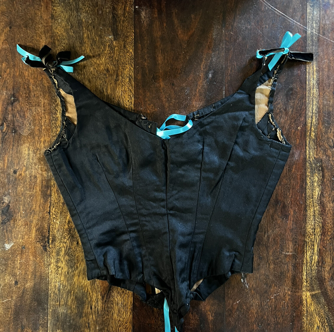 Antique 1930s Black Silk Corset Lace Up Boning Top VTG Bustier Steampunk Gothic