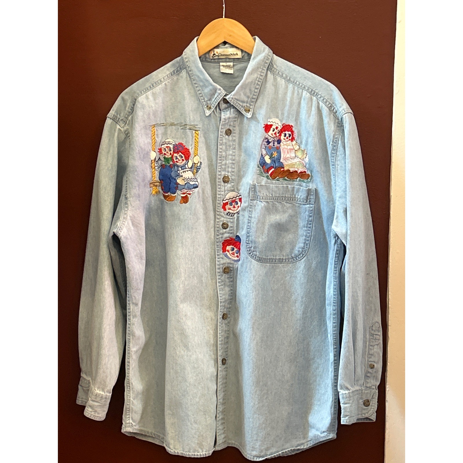 Vintage Channel Mark Denim Shirt Raggedy Ann Barbiecore Whimsical Retro Folk Art