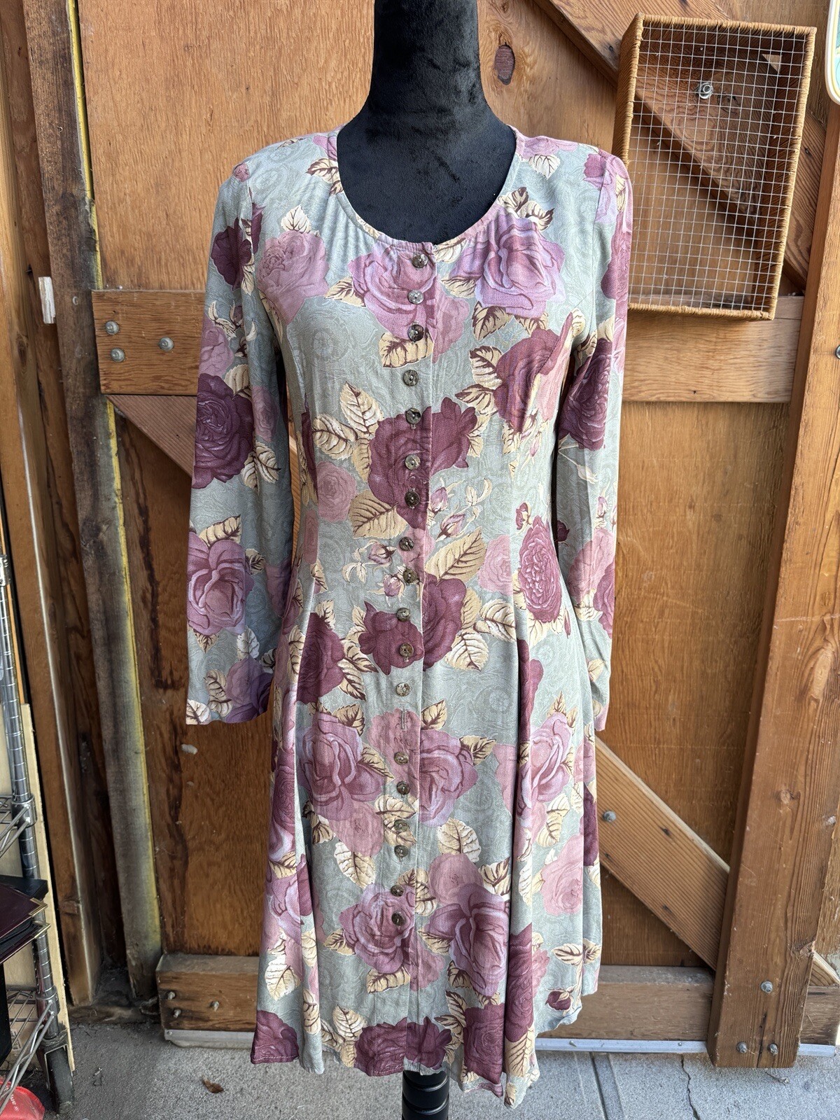 Vintage 1980s Carole Little Dress- Small- Olive Green, Light Burgundy, Pink