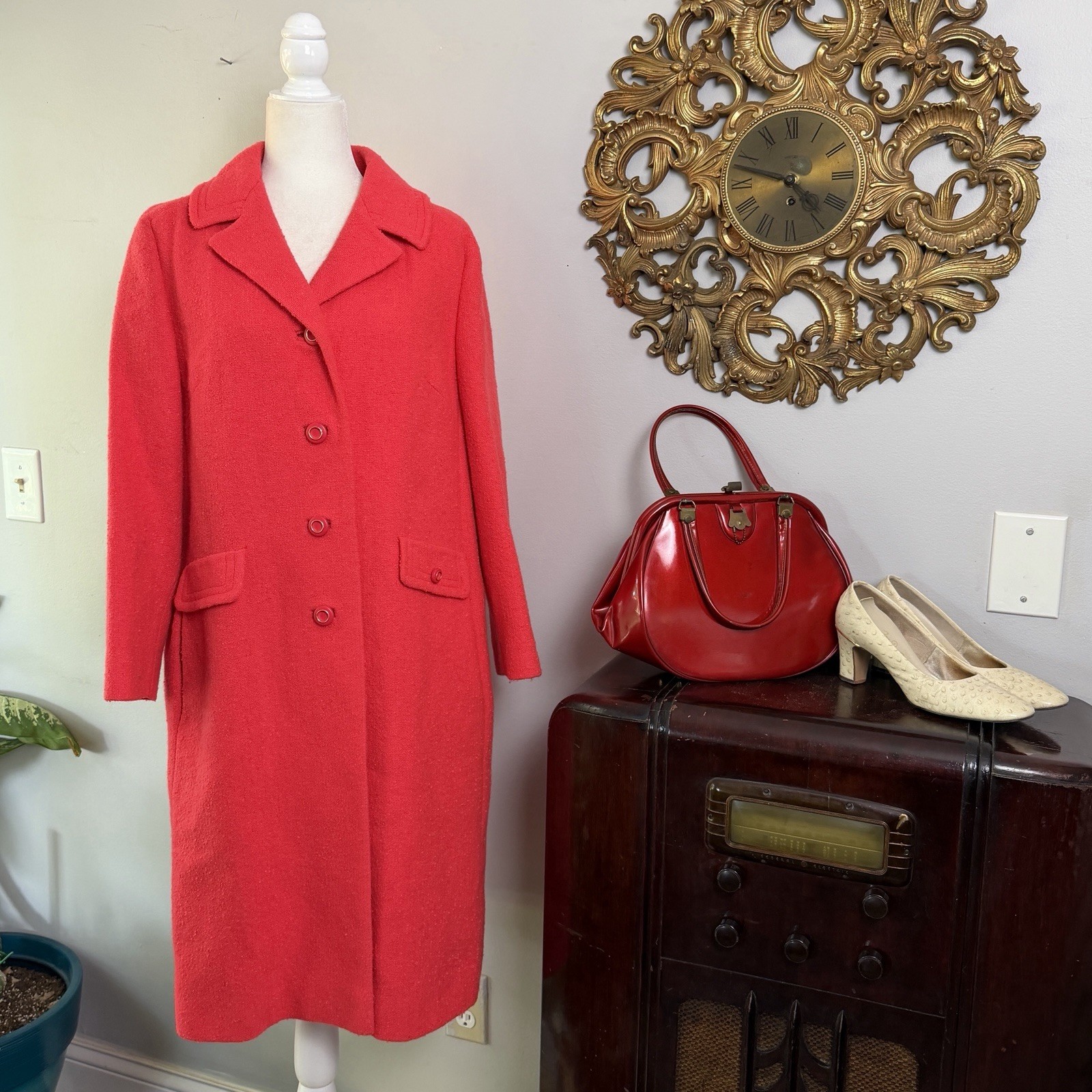 Vtg 1960s Bromleigh New York Wool Red Trench Coat Mod Mid Century Overcoat Flap