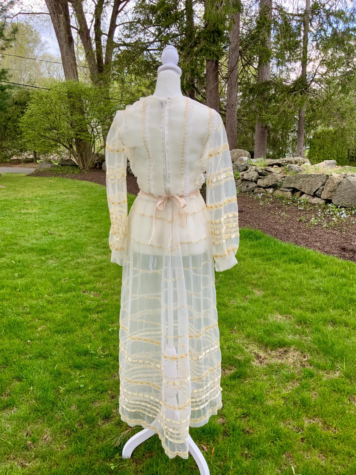 1970s Sheer Romantic Bridal Dress | Edwardian Revival Ivory with Ribbon