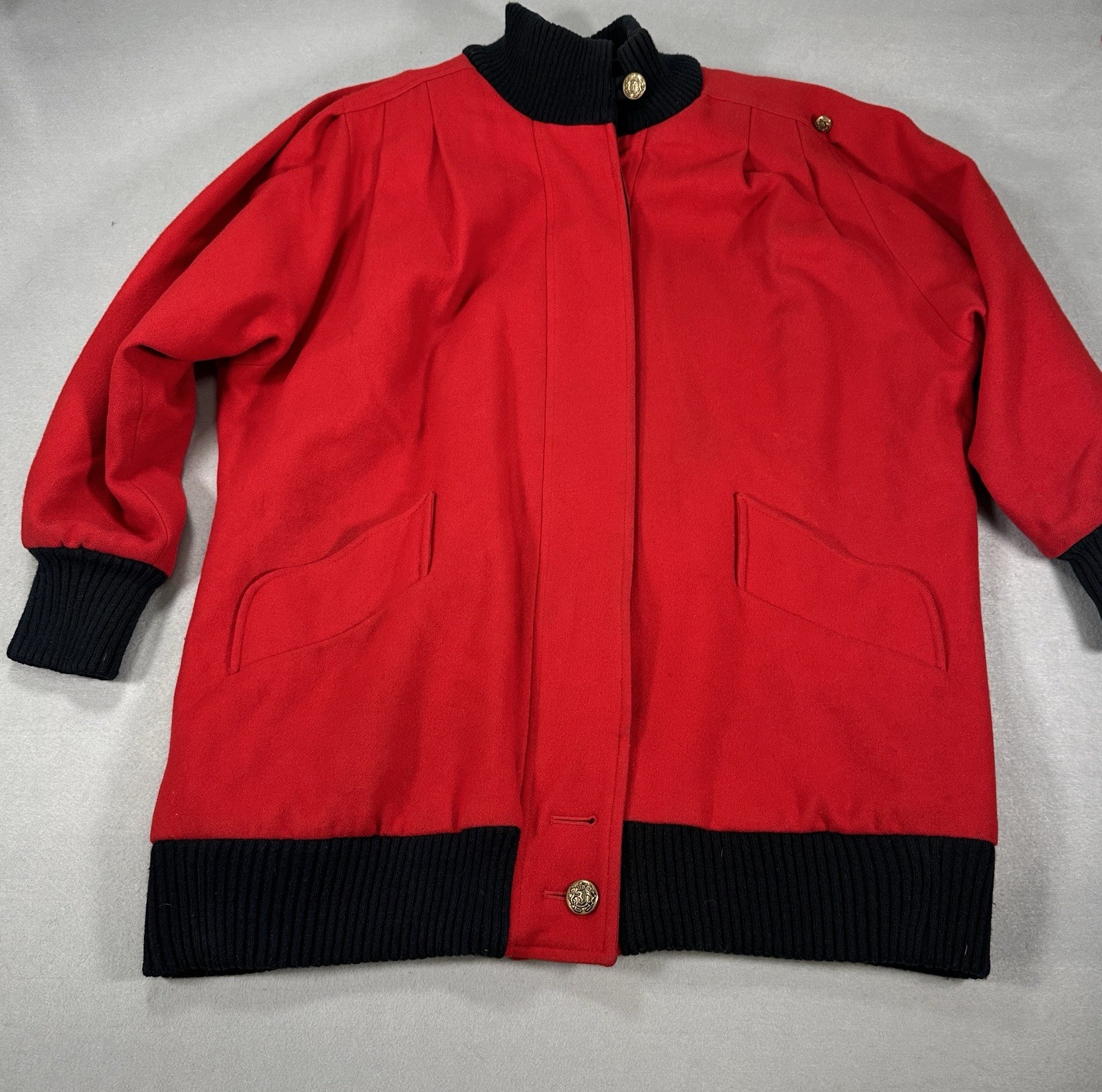Herman Kay Vintage Winter Coat sz 6 Long Red Black Gold Buttons Wool Pleated