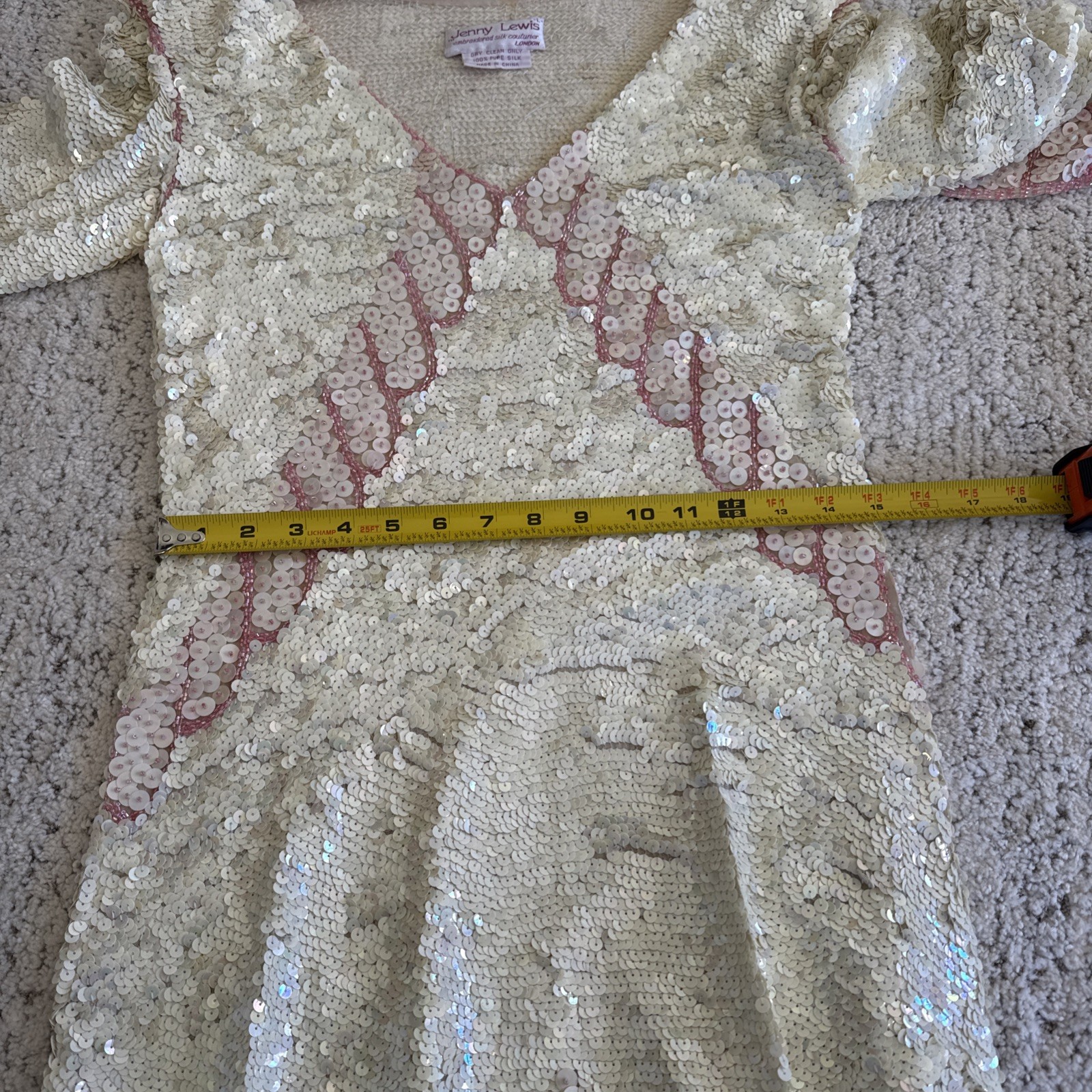 Vintage 80s Jenny Lewis London 100% Silk Sequin Dress Art Deco Handkerchief Hem