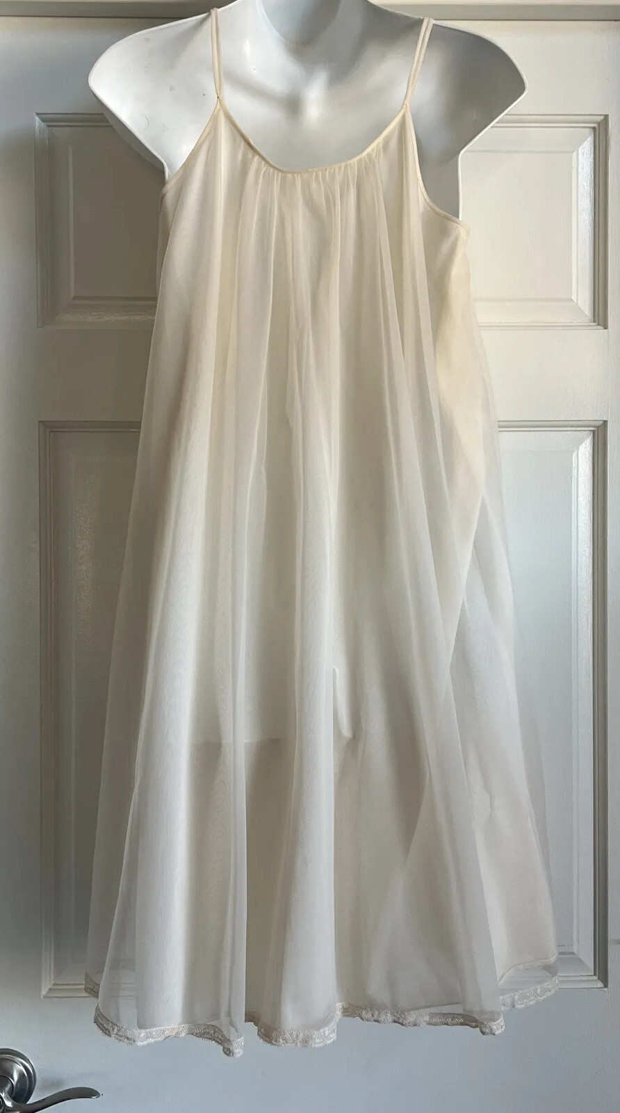 VTG Lorraine Nightgown Slip Nylon Chiffon Lace Petite Ivory Sleeveless Flaws