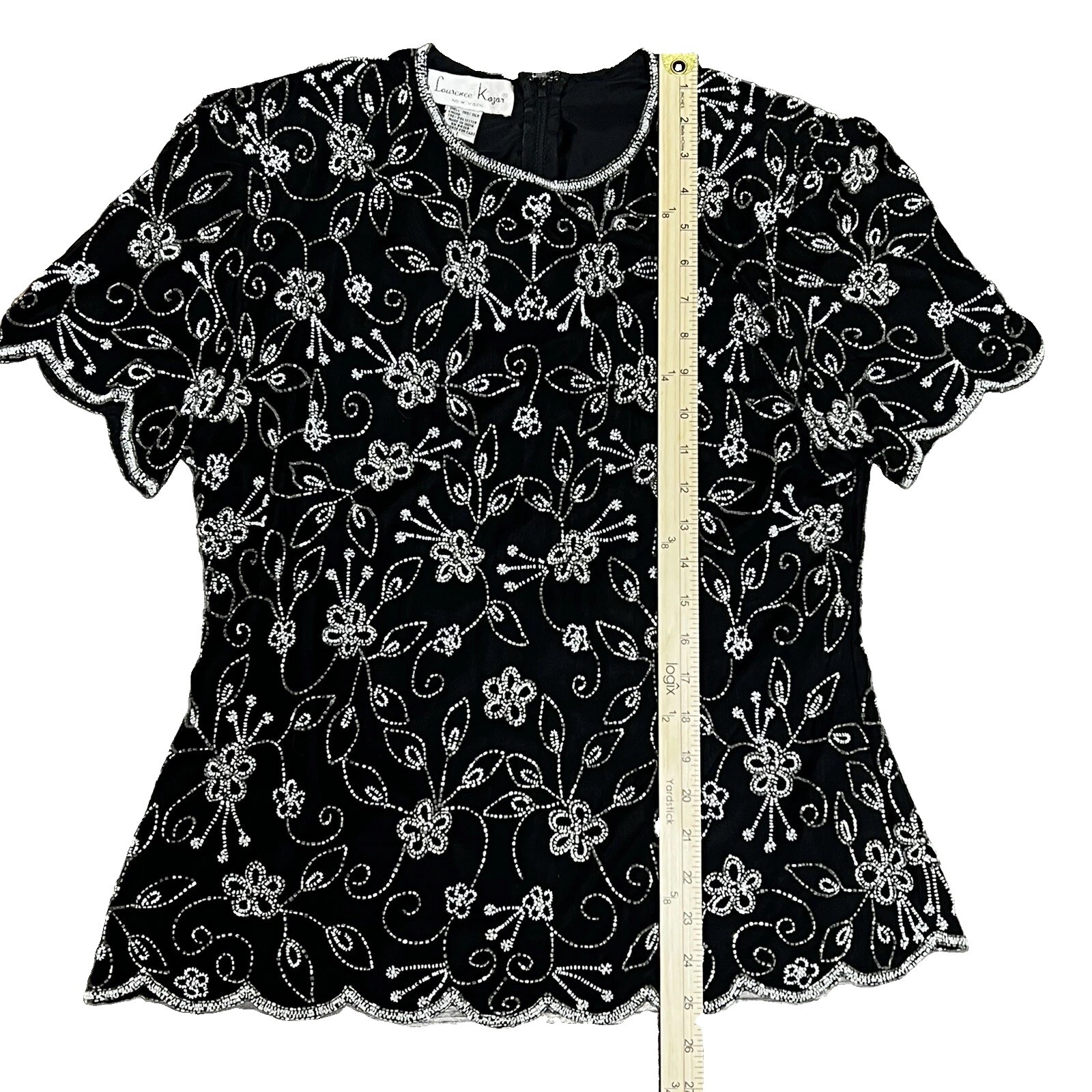 Vtg Laurence Kazar New York Evening Top Large Black Silver White Beaded Sequin