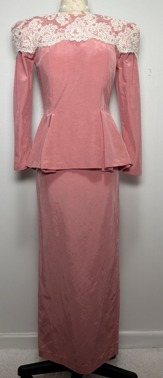 Vtg 80s Watters & Watters Pink Lace Pleated Peplum Maxi Skirt Formal Set XS/S