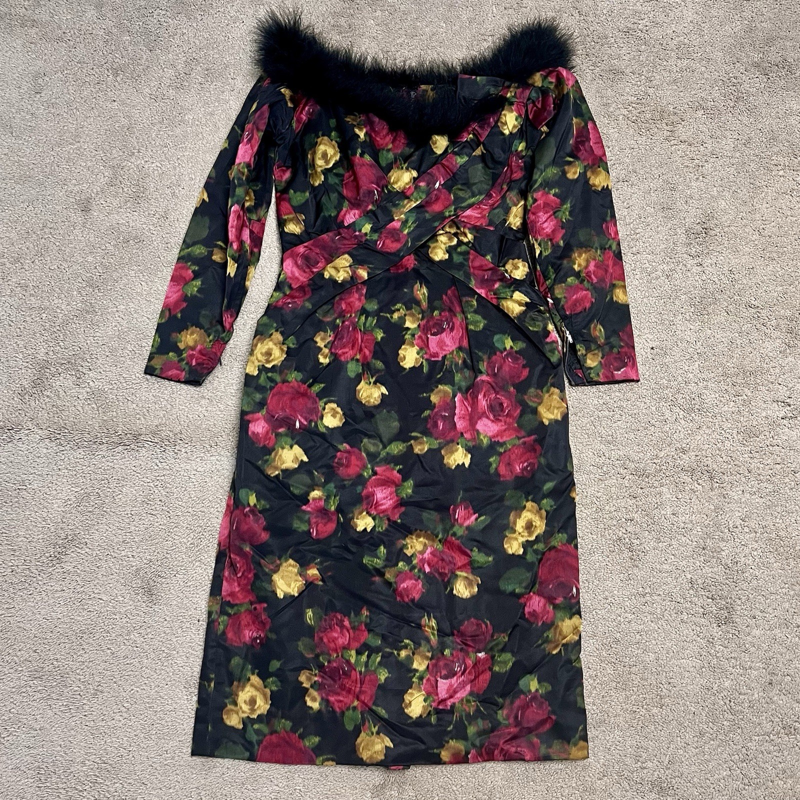 VTG Robert David Morton 60/70s Rose Designer Cocktail Midi Dress W/ Boa Pin Up