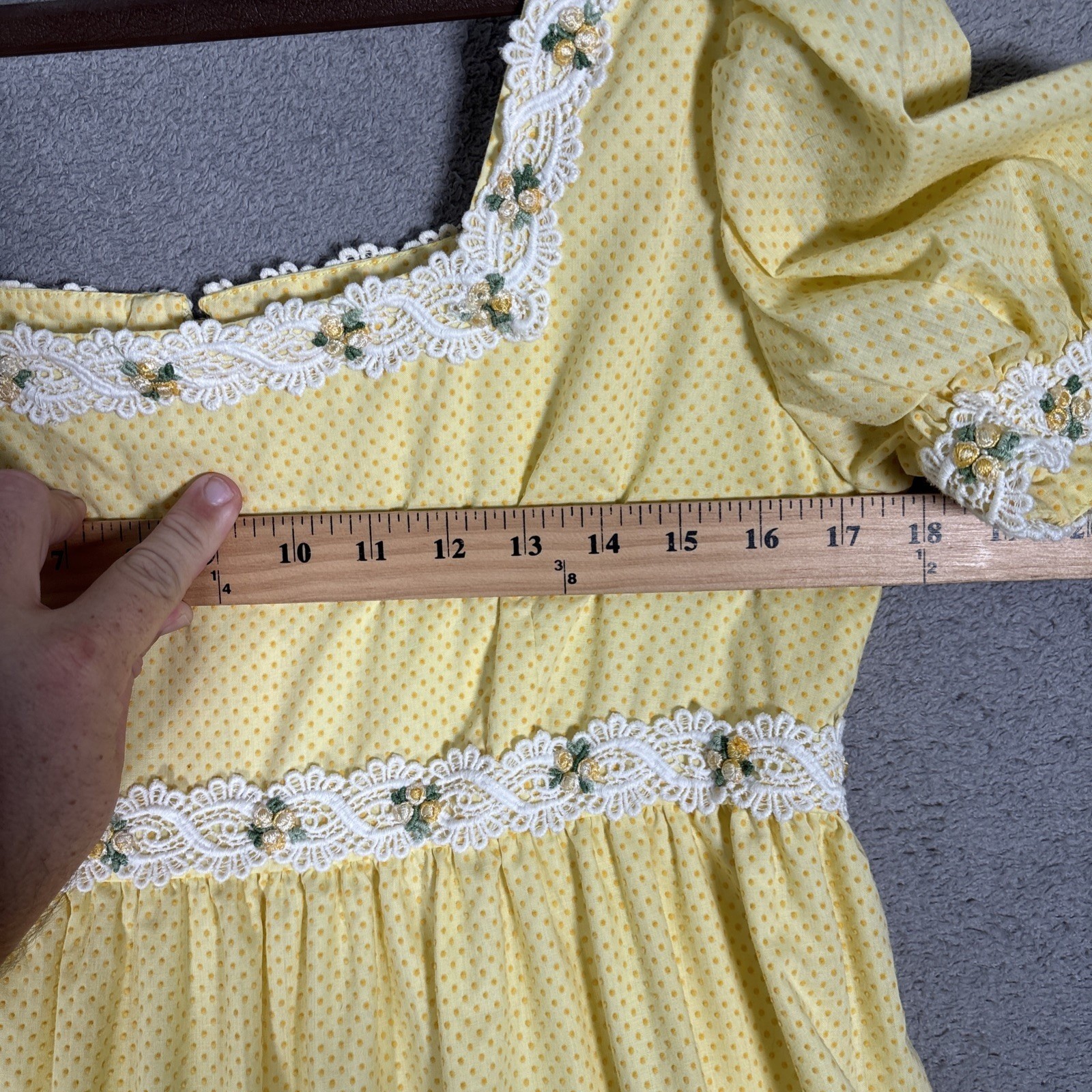 Vintage Yellow Polka Dot Prairie Maxi Dress Lace Trim Cottagecore Puff Sleeve