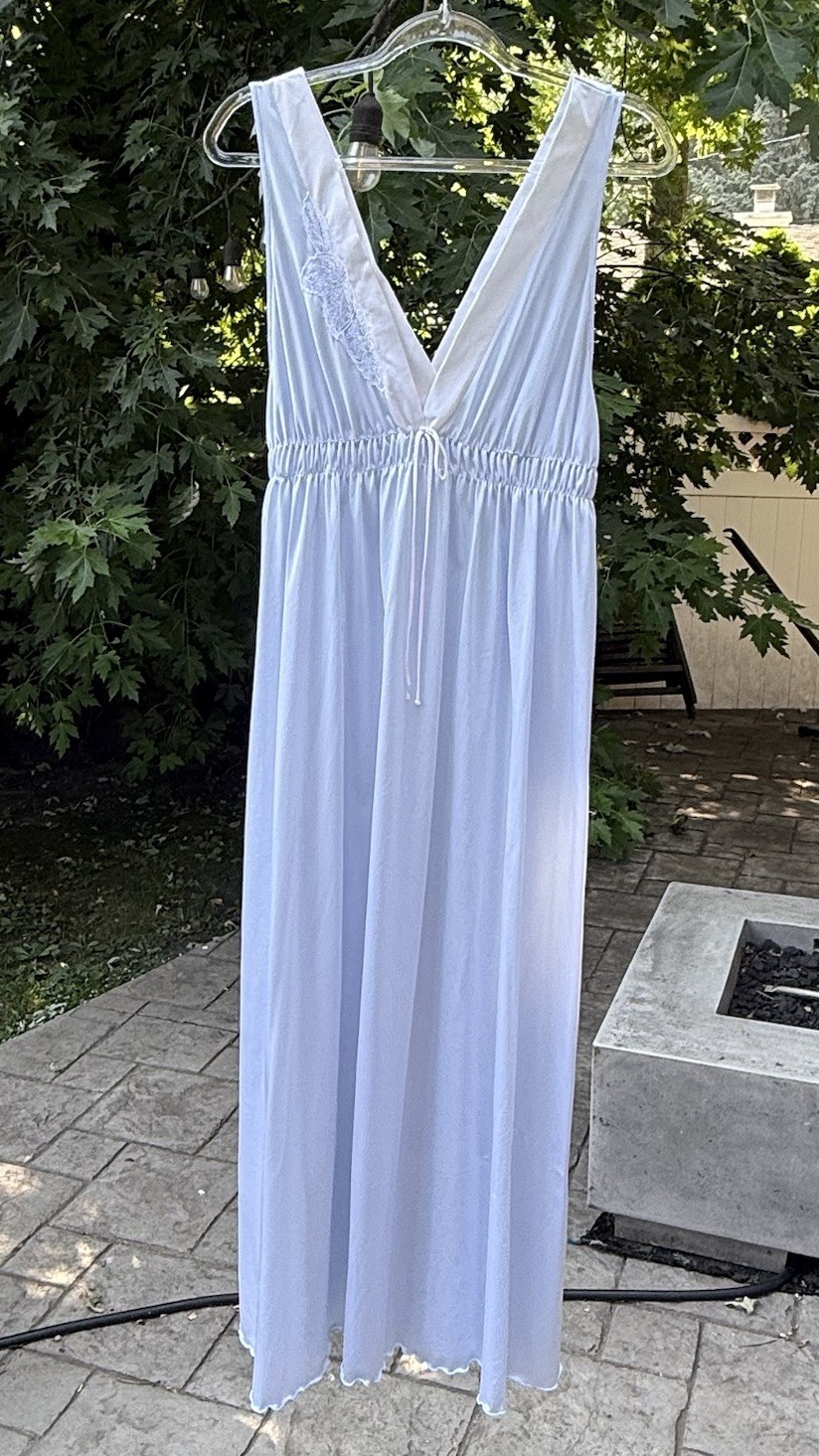 Vintage Light Blue Nylon Nightgown Lace Embroidered Maxi Gown USA Union Made L