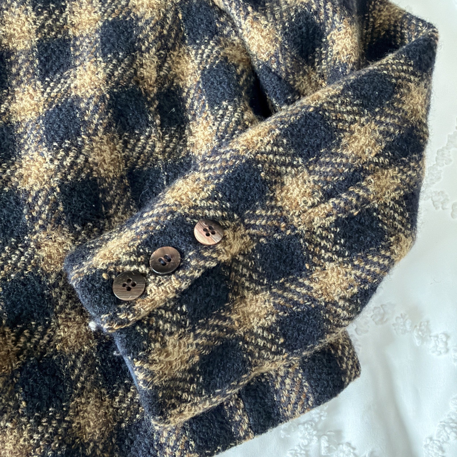 Vintage Rena Rowan Cropped Wool Blazer Jacket Women’s 12 Plaid Button Blue Brown