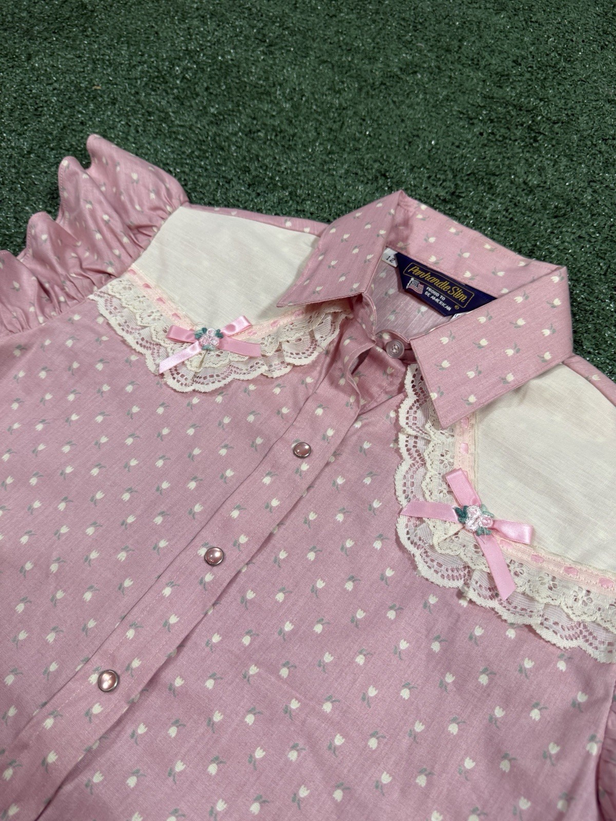 80s Vintage Panhandle Slim Woman’s Western Pearl Snap Pink Shirt Size 12 USA