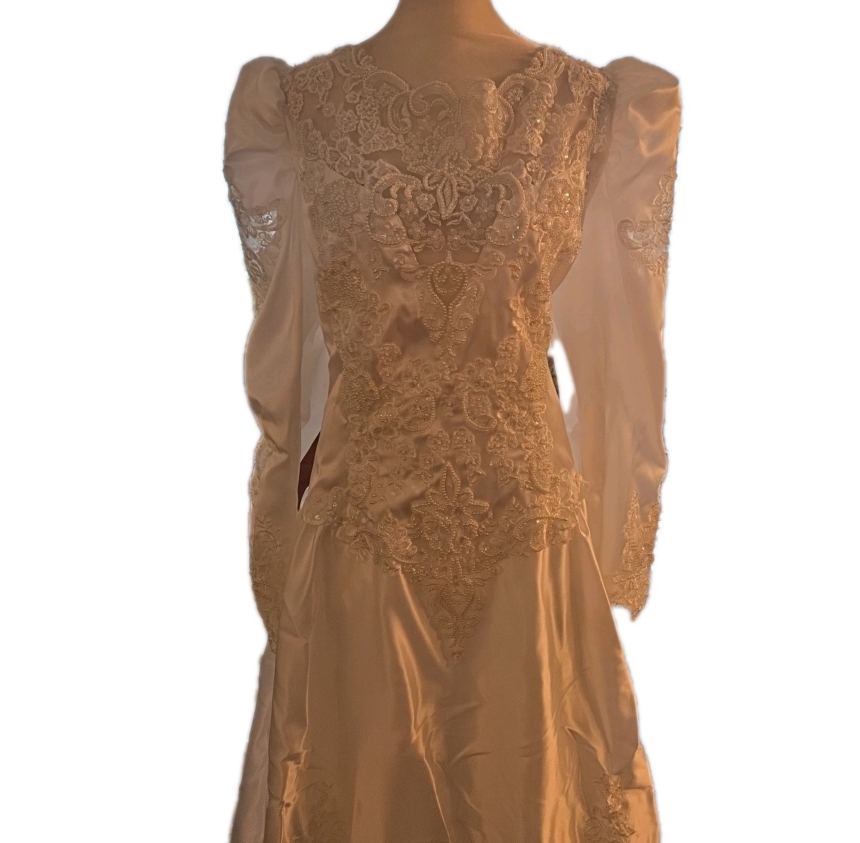 VTG 80s Victorian Demure Lace Pearls Long Sleeve Wedding Gown Size 22