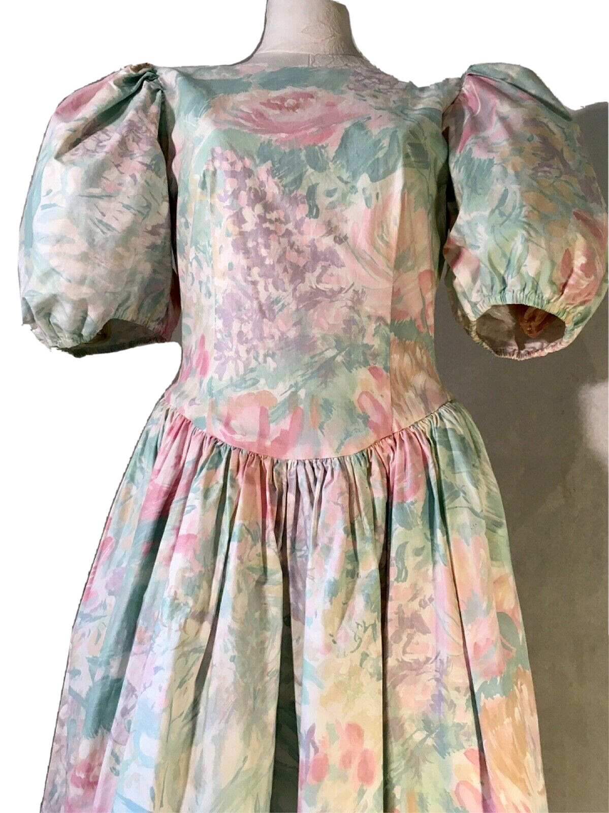 FULL SKIRT Vintage 80s Midi COTTAGECORE PuffySleeve Floral Pastel Tea Dress 10